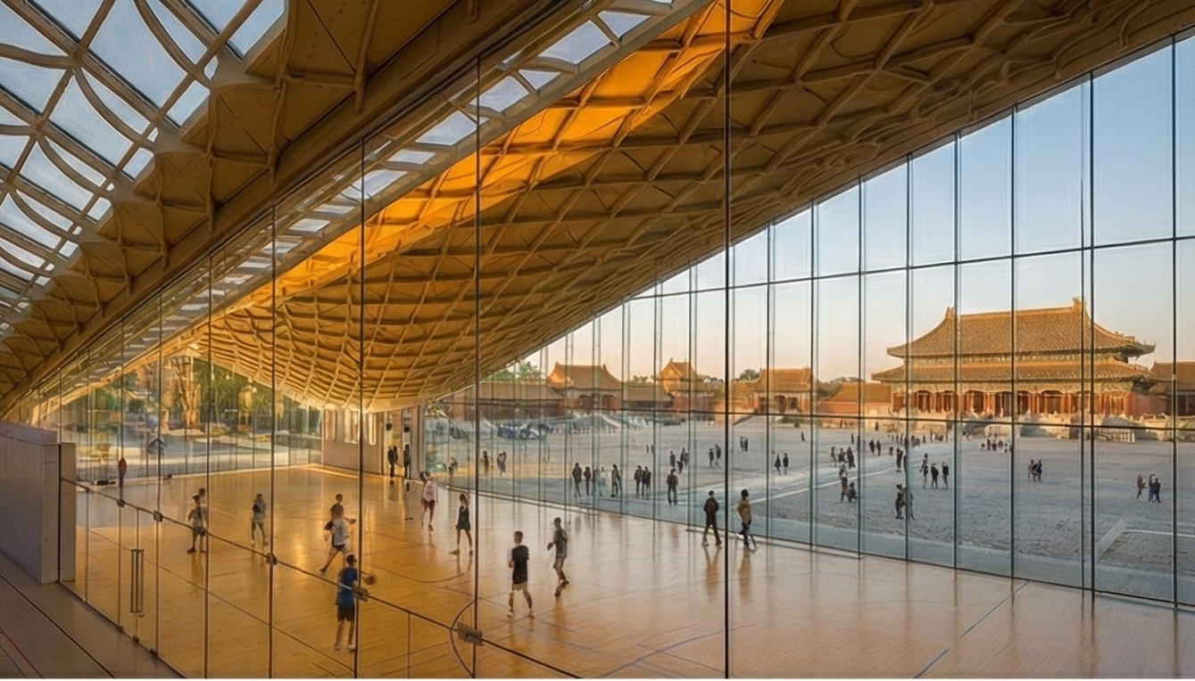 Interior of the multi-purpose arena with players on the timber court below a tessellated golden ceiling and clerestory daylighting