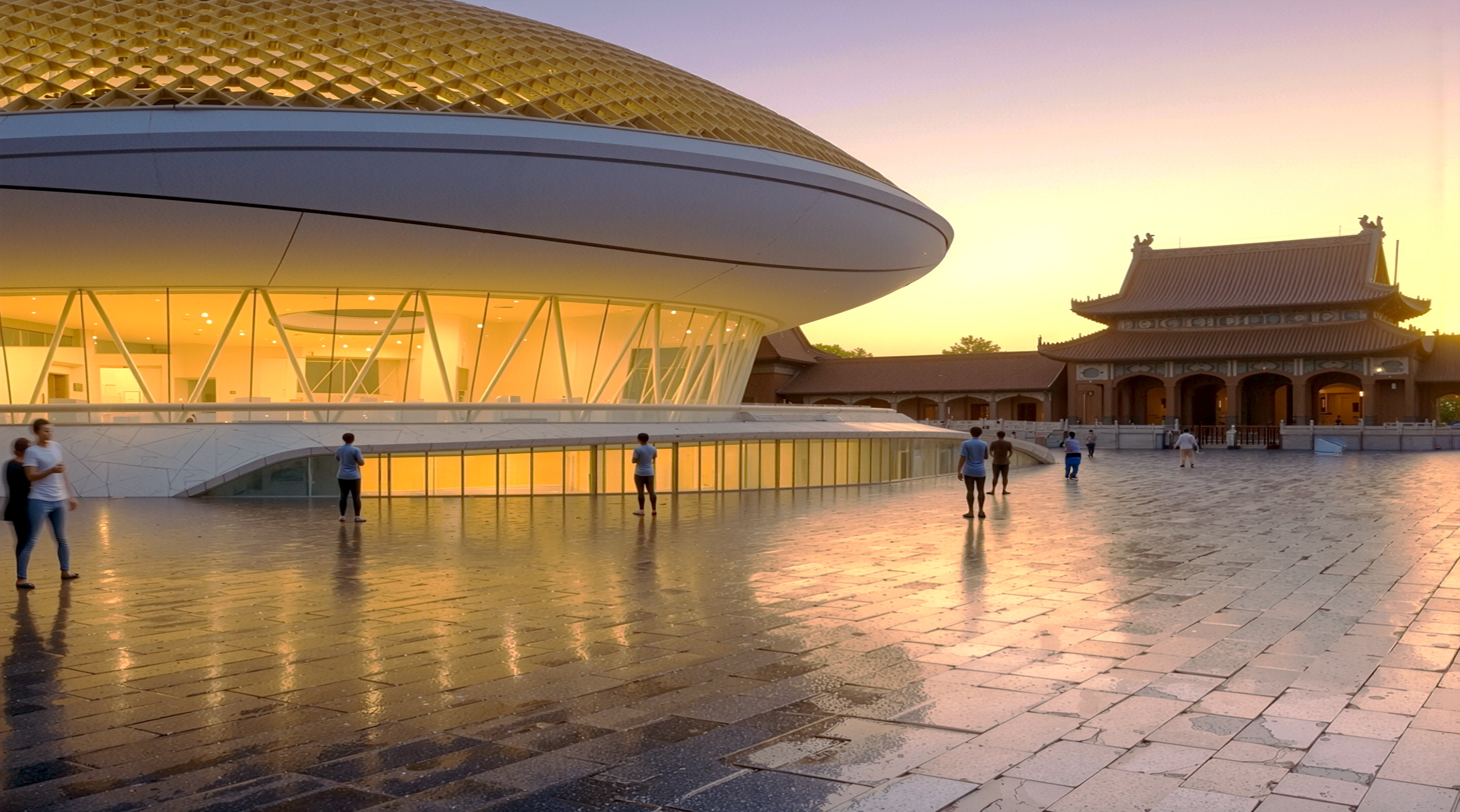 Close-up exterior view of the National Sports Hall at sunset with its golden tessellated dome and traditional Chinese architecture nearby