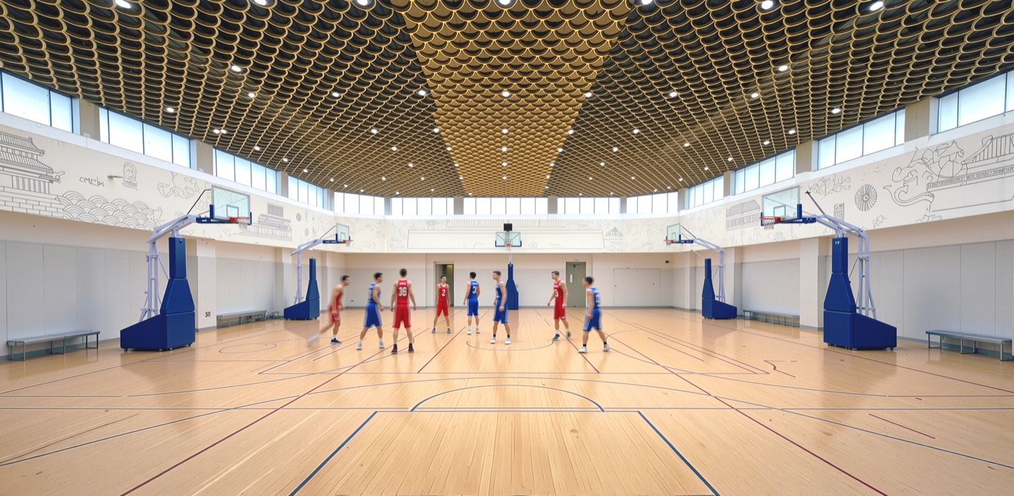 Interior of the main basketball court with a golden hexagonal coffered ceiling and players in action
