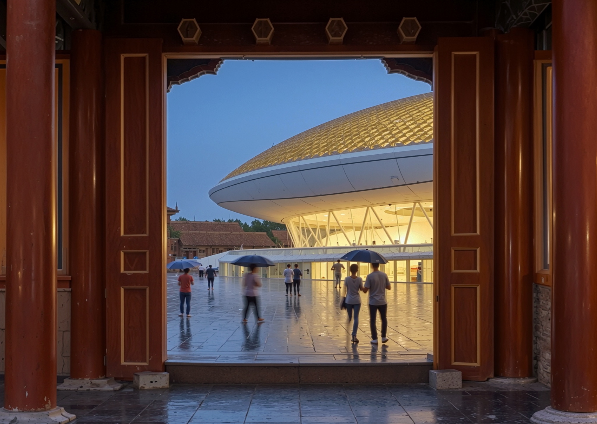 The National Sports Hall seen through a traditional Chinese timber gateway with visitors crossing the rain-washed plaza