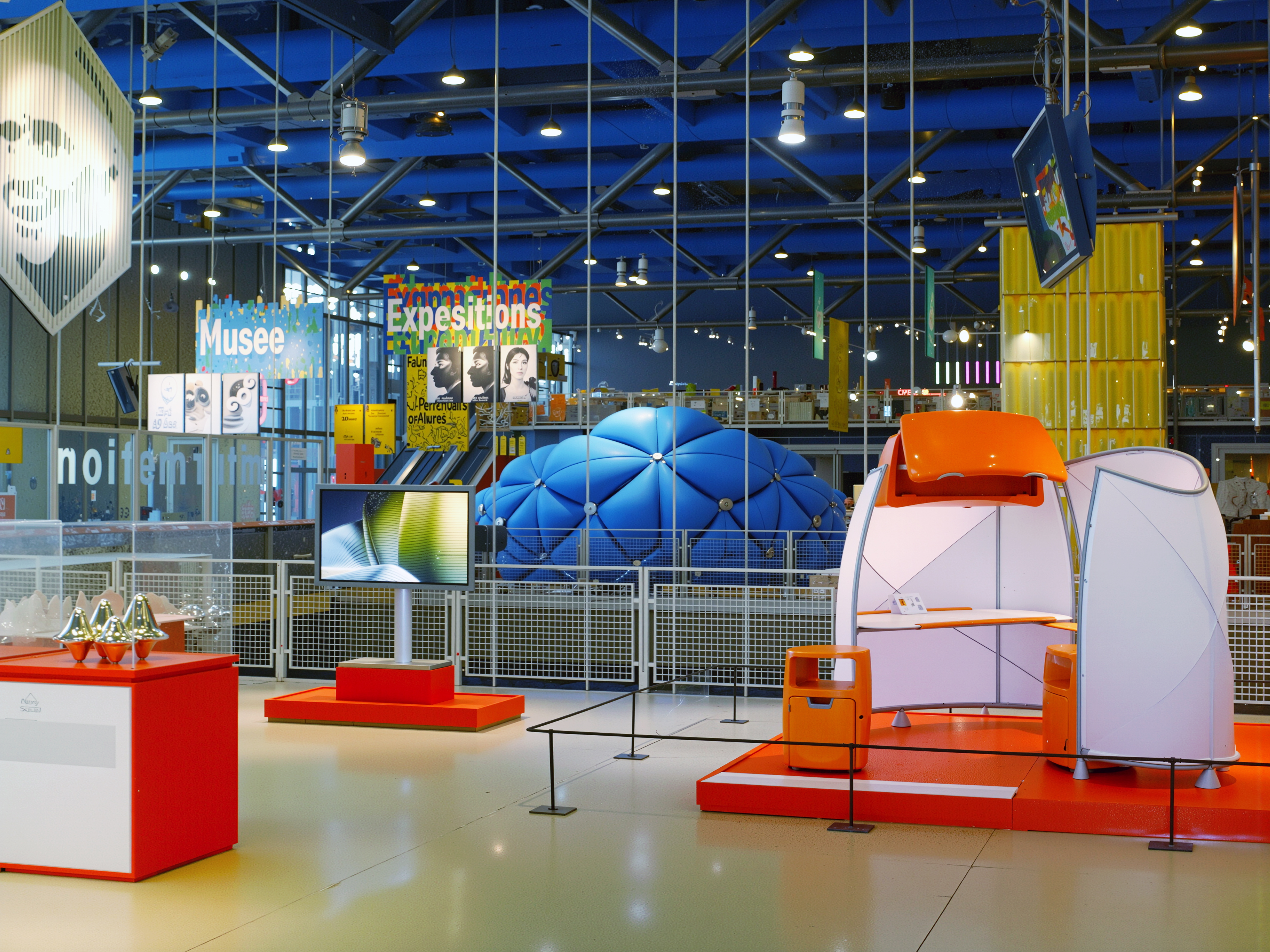 Non Standard Architectures exhibition at Centre Pompidou — wide view of the gallery floor with Asymptote's suspended models, colorful platforms, and inflatable structures by participating architects