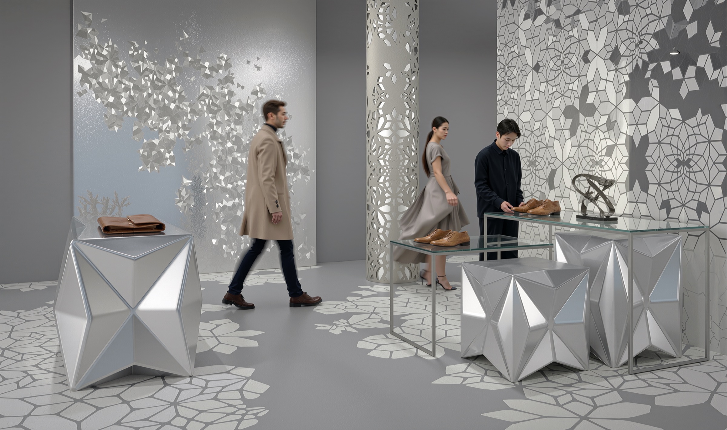 Accessories floor with faceted origami display pedestals in silver, a suspended butterfly-leaf sculpture, Voronoi-patterned columns and wall screens, and an organic floral floor pattern