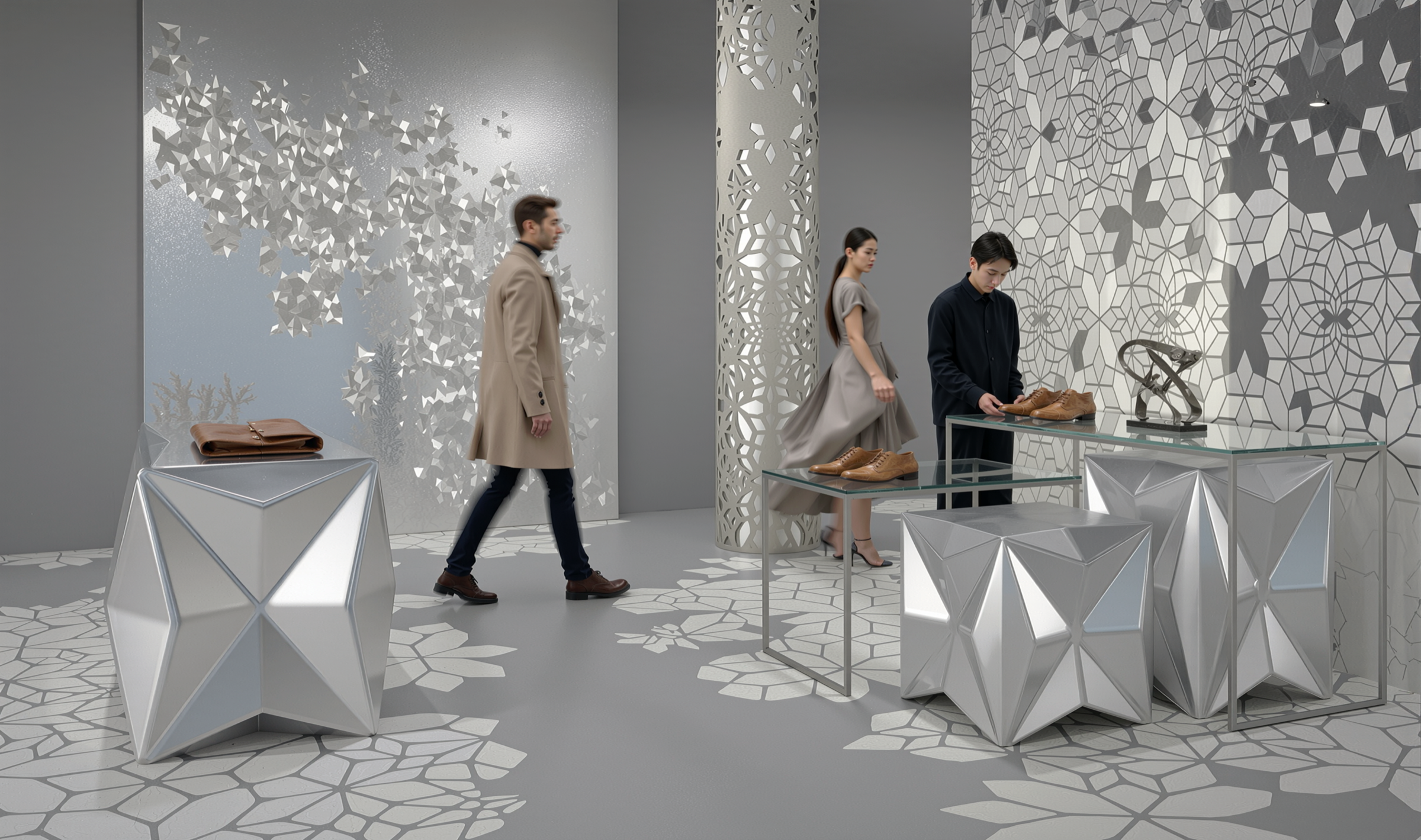 Accessories floor with faceted origami display pedestals in silver, a suspended butterfly-leaf sculpture, Voronoi-patterned columns and wall screens, and an organic floral floor pattern