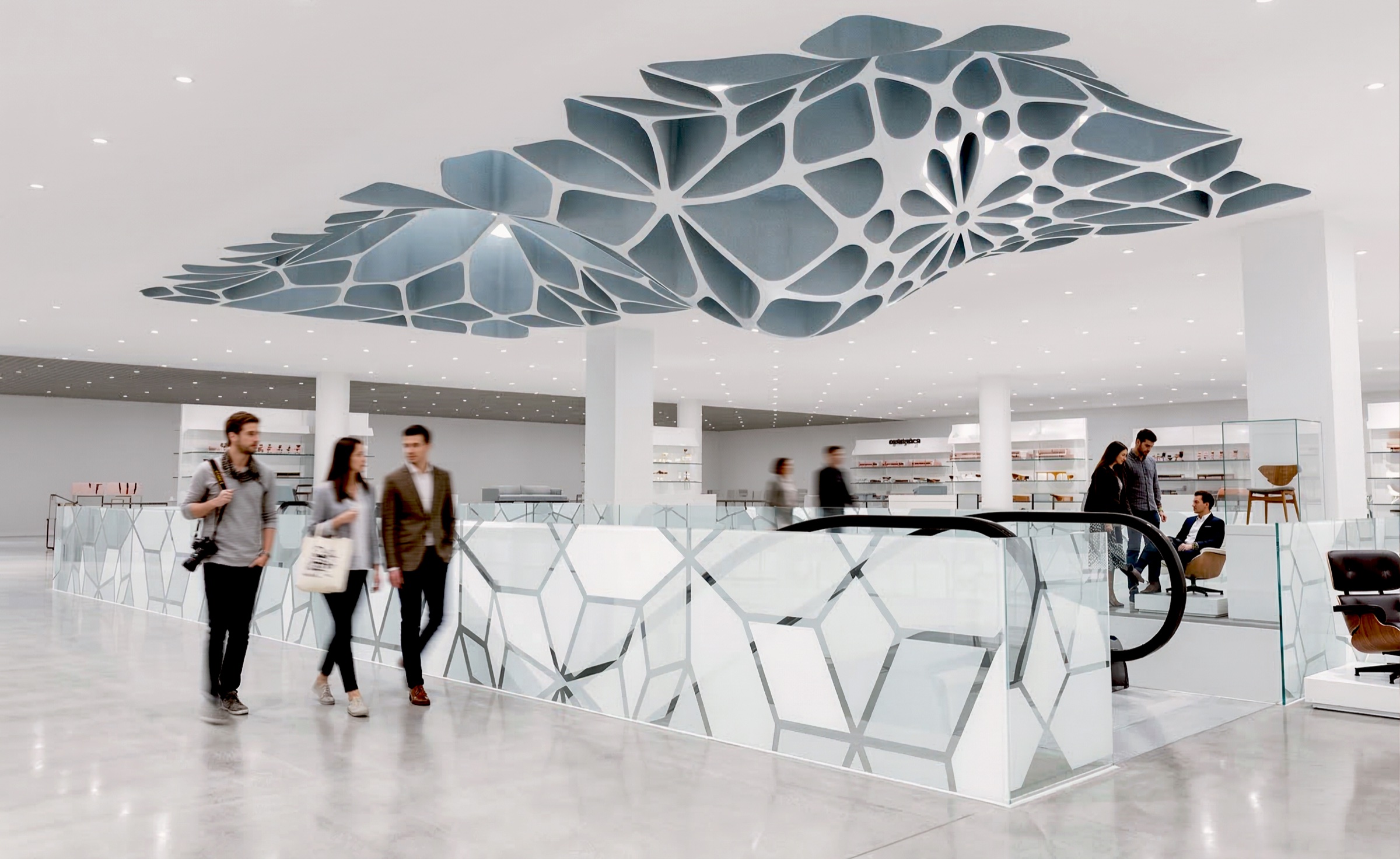 Central atrium with a large suspended Voronoi ceiling canopy in metallic blue-grey, faceted glass counters below, escalator visible beyond, and shoppers browsing the open floor