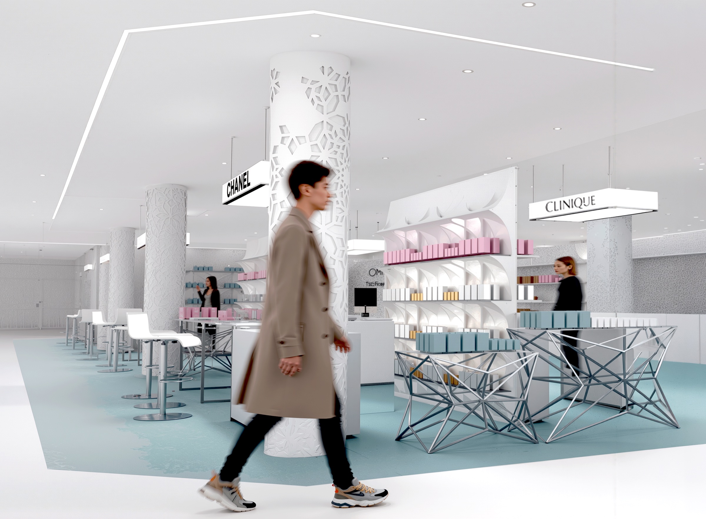 Cosmetics department with perforated Voronoi-wrapped columns, brand counters for Chanel and Clinique, faceted wire display furniture on a pale blue floor, and linear ceiling lighting