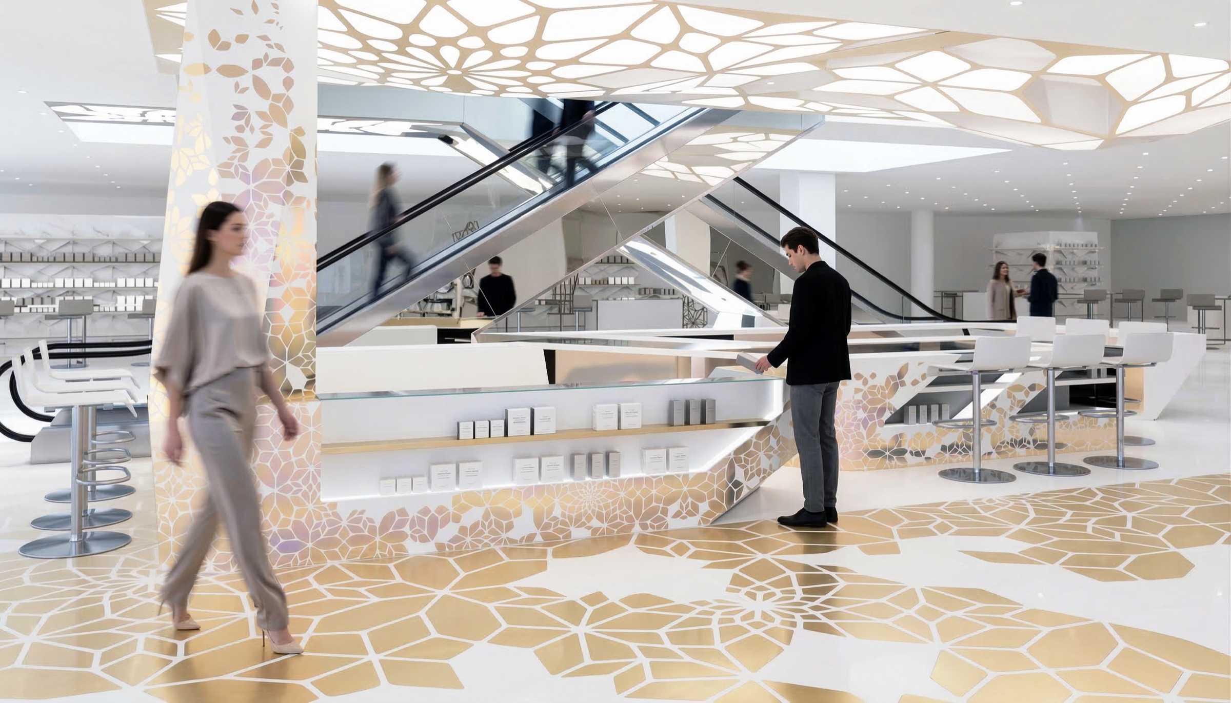 Beauty floor with a warm gold Voronoi floor pattern, matching golden perforated columns, white counters with angular detailing, escalators visible above, and shoppers browsing