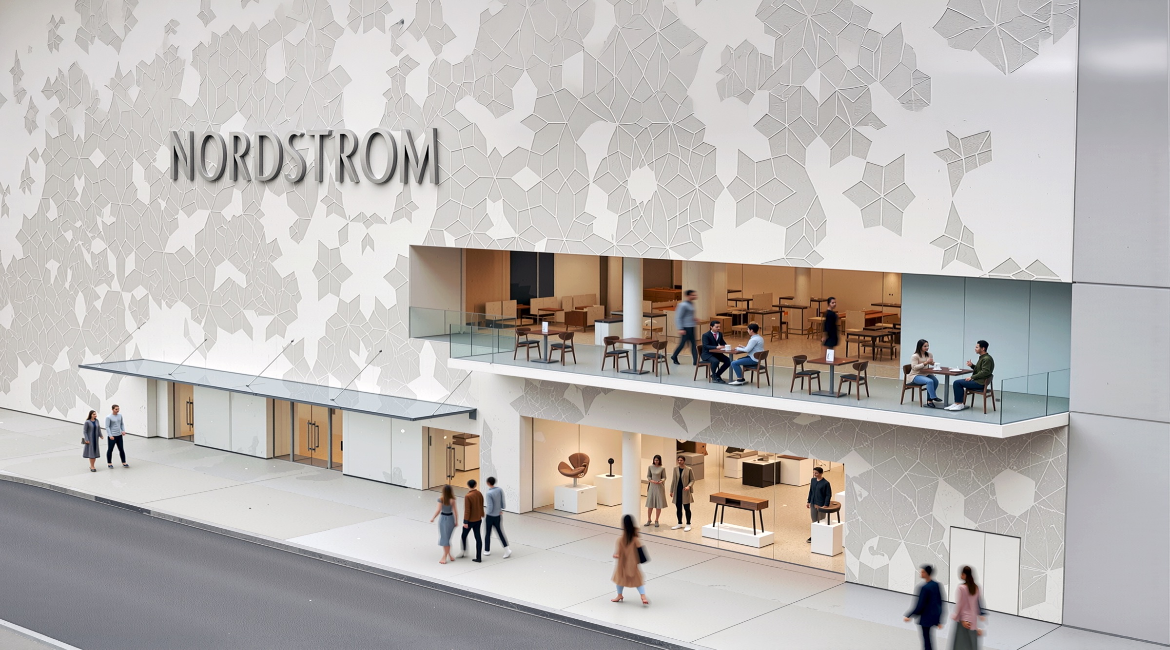 Exterior facade of the Nordstrom Miami flagship store featuring a perforated organic Voronoi-patterned screen in white and grey with NORDSTROM lettering, full-height glazing revealing the restaurant level and ground-floor retail