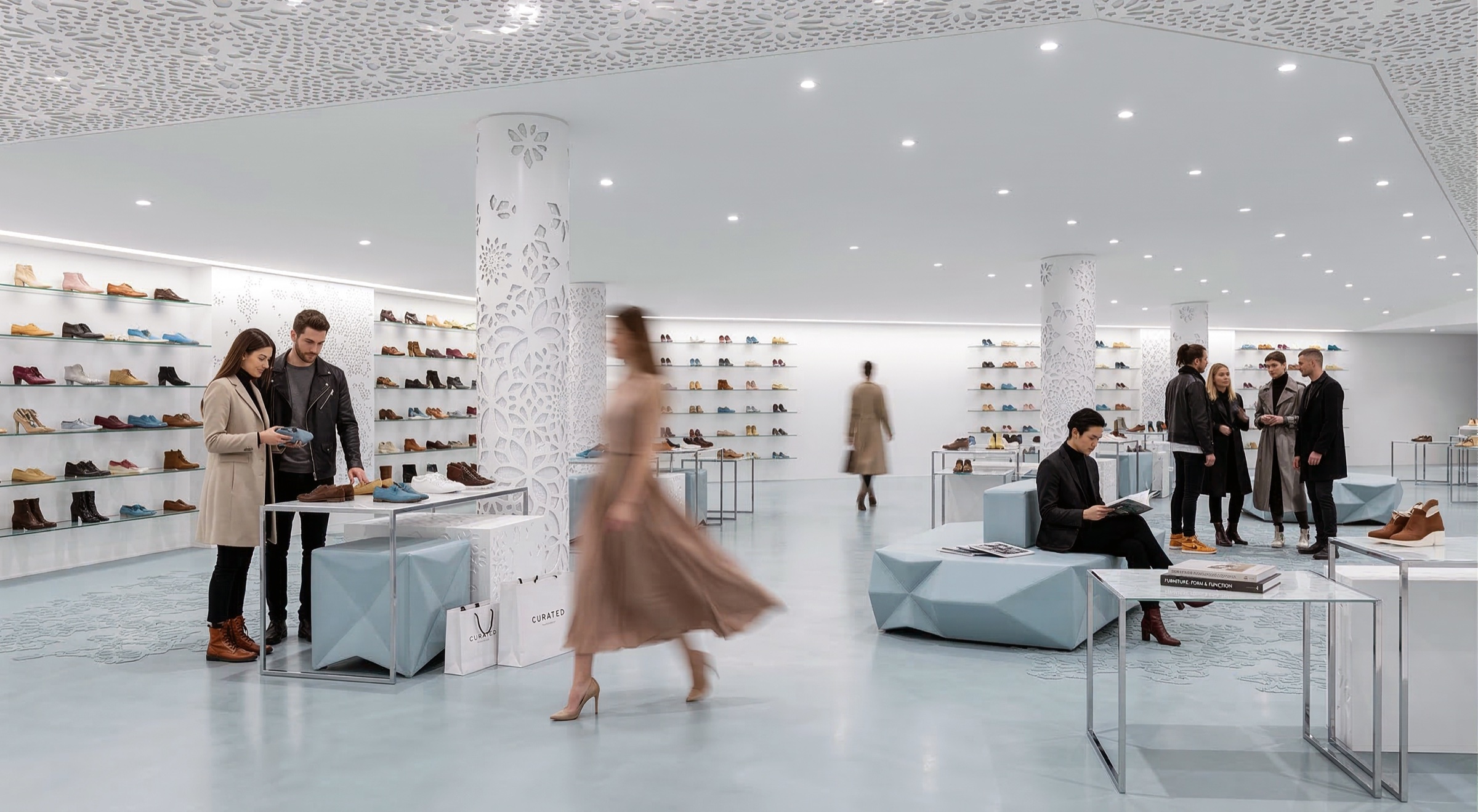 Shoe department with wall-to-wall display shelving, perforated organic columns, faceted blue display islands and seating, polished concrete floor, and recessed ceiling lighting