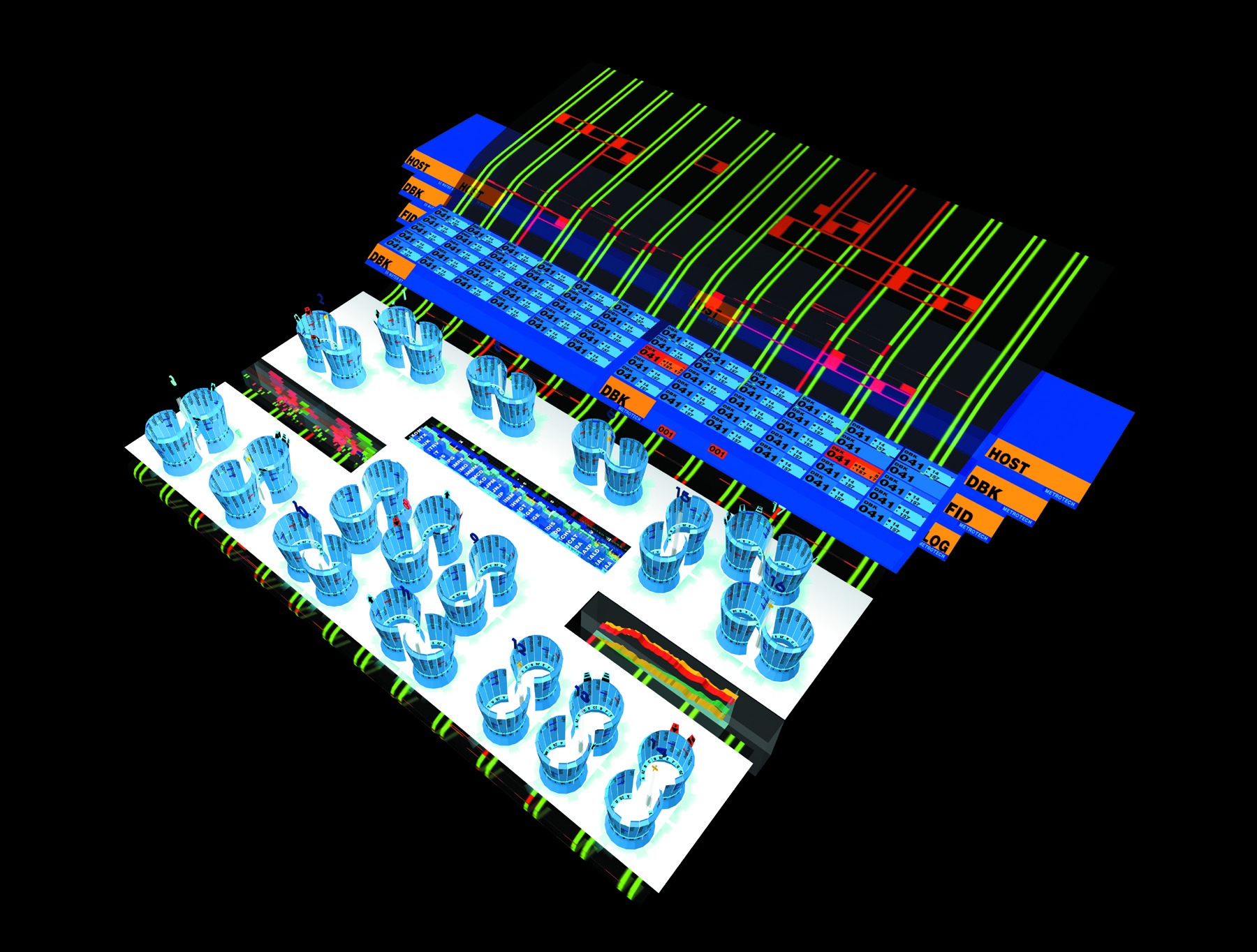 Axonometric view of the NYSE Three Dimensional Trading Floor — a layered virtual environment showing trading posts, data streams, and real-time market visualization