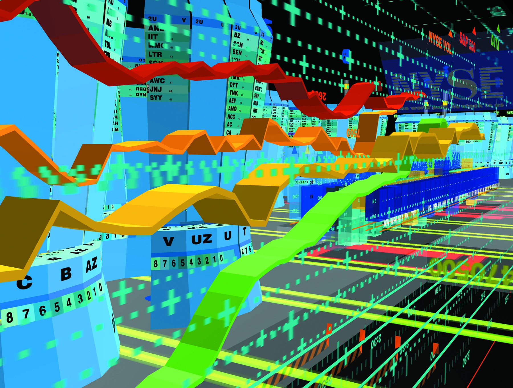 Interior perspective of the 3DTF showing undulating data ribbons, trading post cylinders, and ticker symbols floating in the navigable virtual space