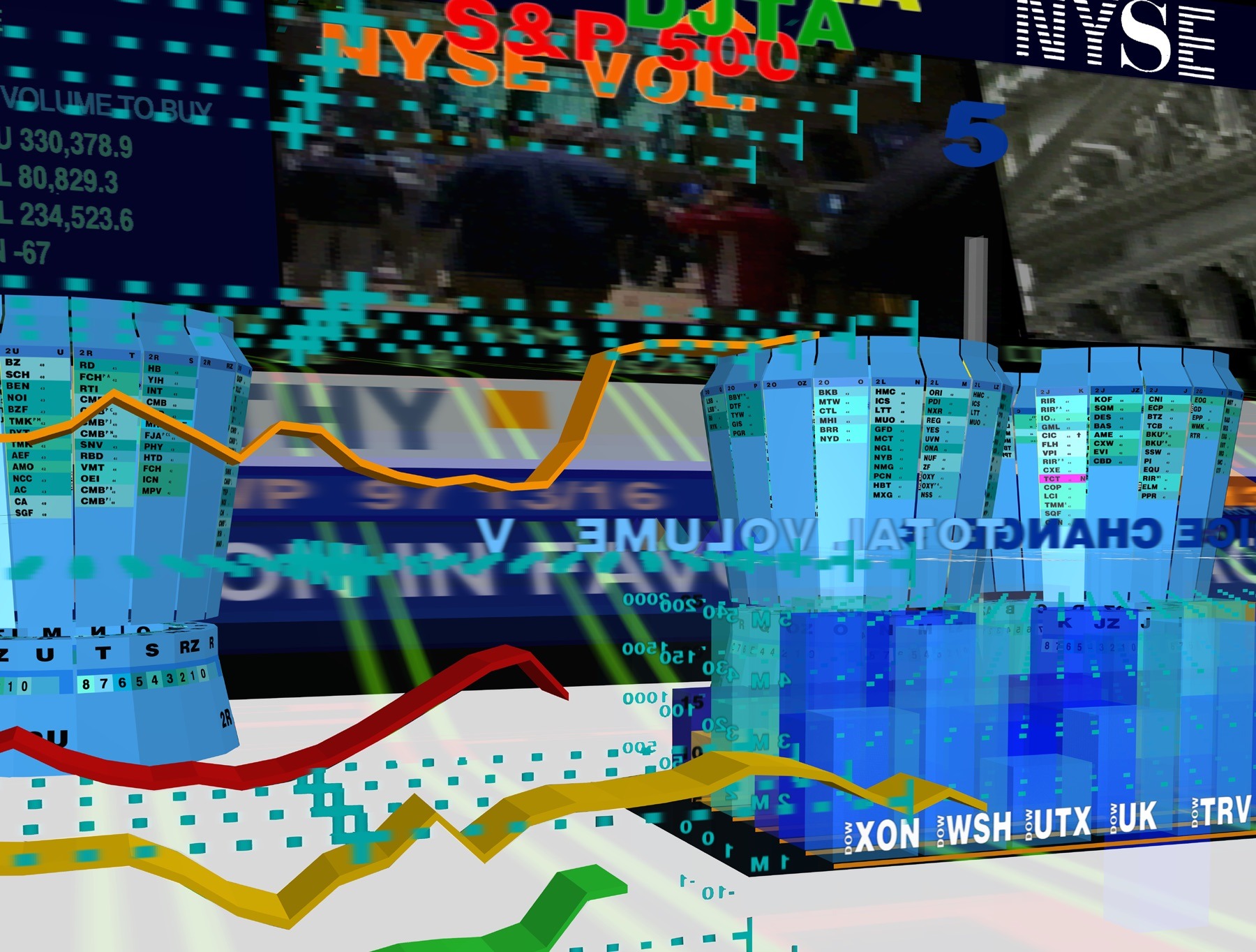 Composite view merging the physical NYSE trading floor with the virtual 3DTF environment — live video overlaid with data architecture