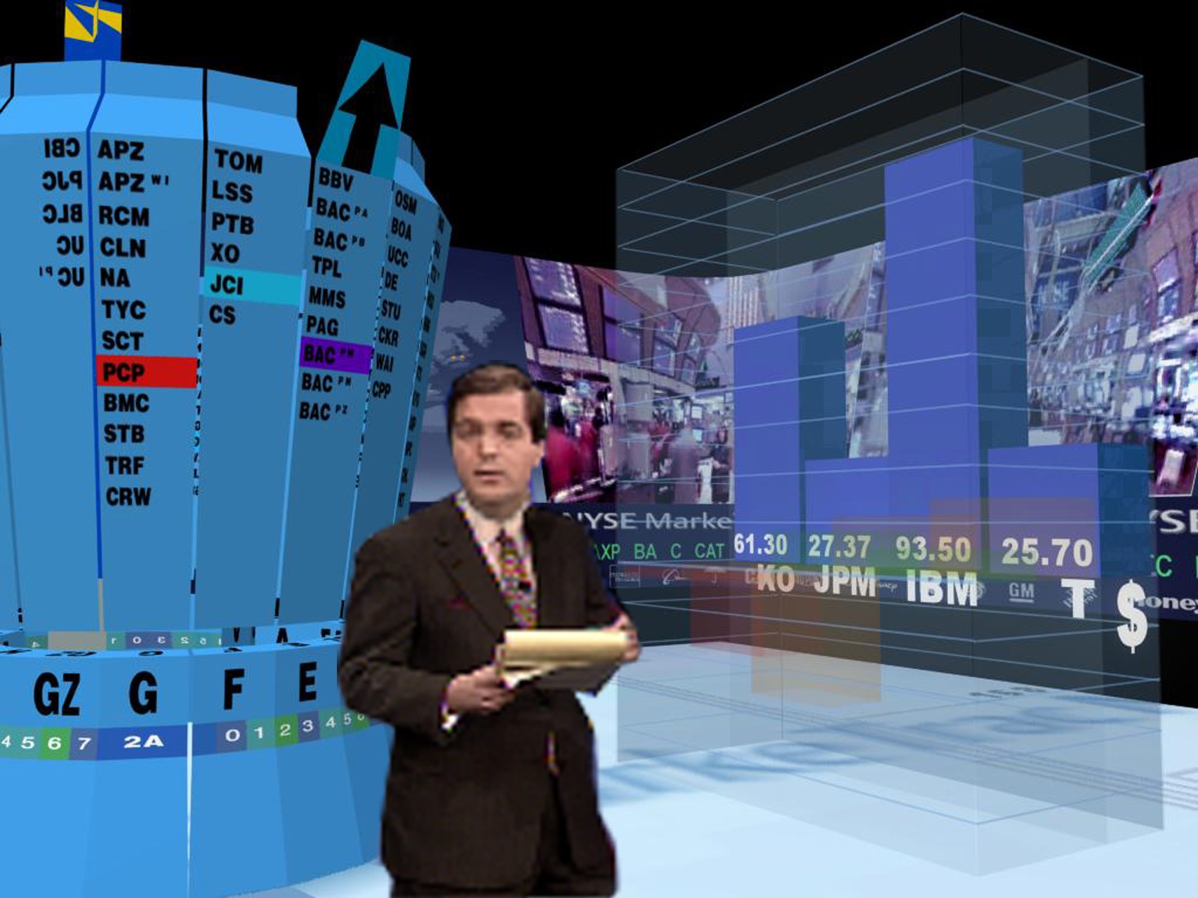 A figure standing within the 3DTF virtual environment surrounded by stock tickers, trading post data columns, and real-time market information