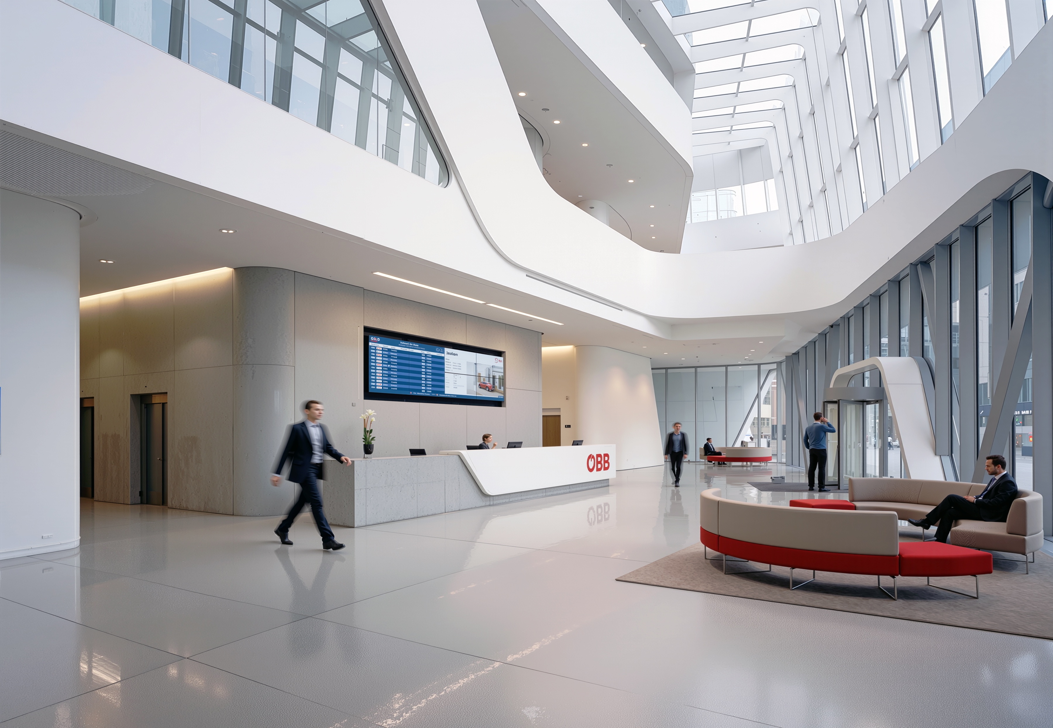 Ground-level view of the OBB headquarters lobby featuring the branded reception desk, curved white atrium walls, and full-height glazing