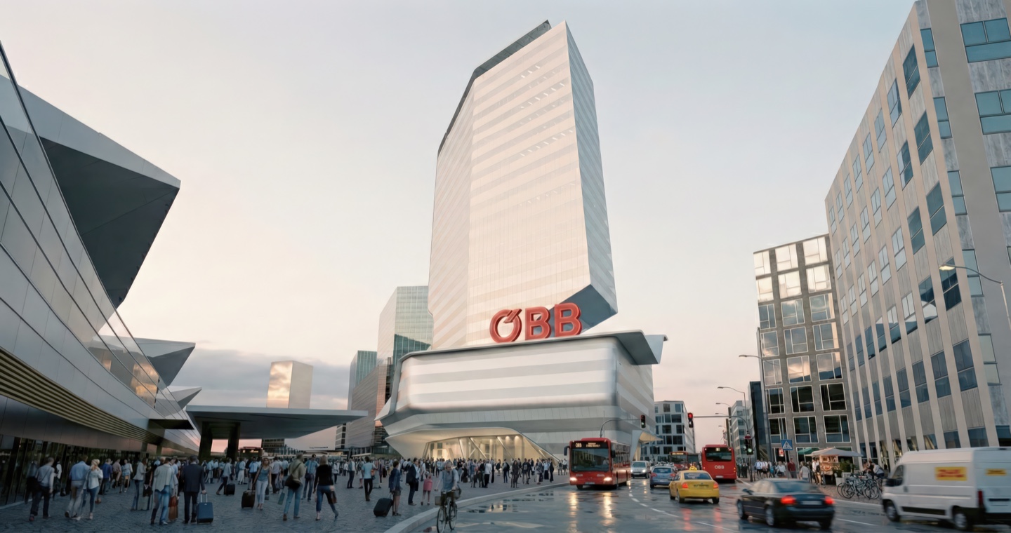 Street-level view of the OBB Corporate Headquarters with the illuminated OBB logo, pedestrian plaza, and surrounding Vienna cityscape at dusk