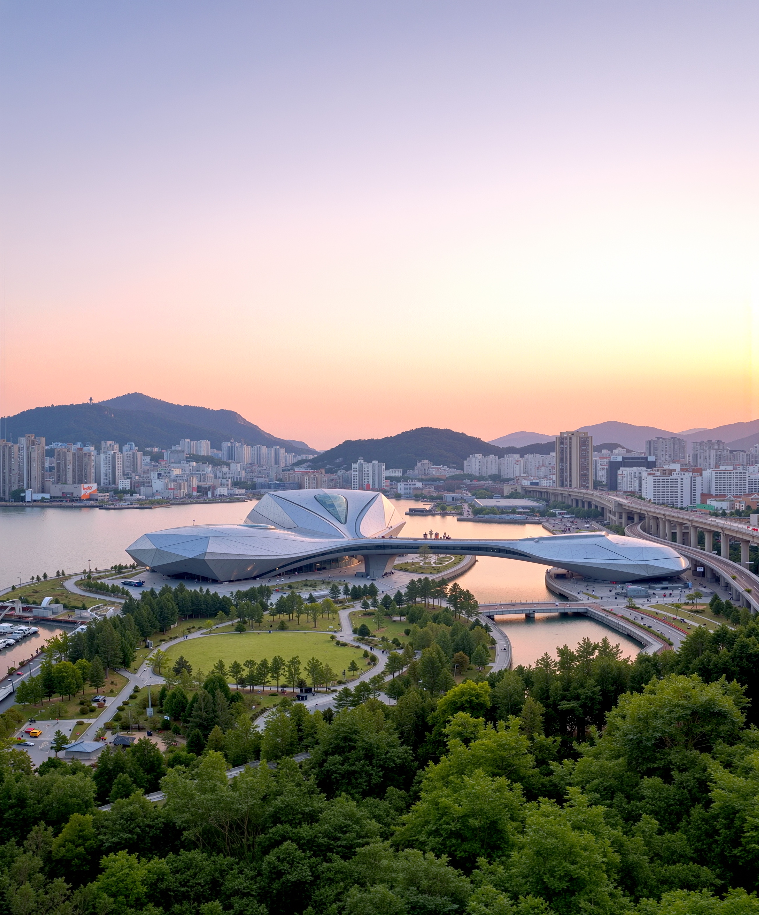 Aerial view of the Busan Opera House complex at sunset, showing the faceted crystalline roof forms rising beside the harbor with mountains and the city skyline in the background