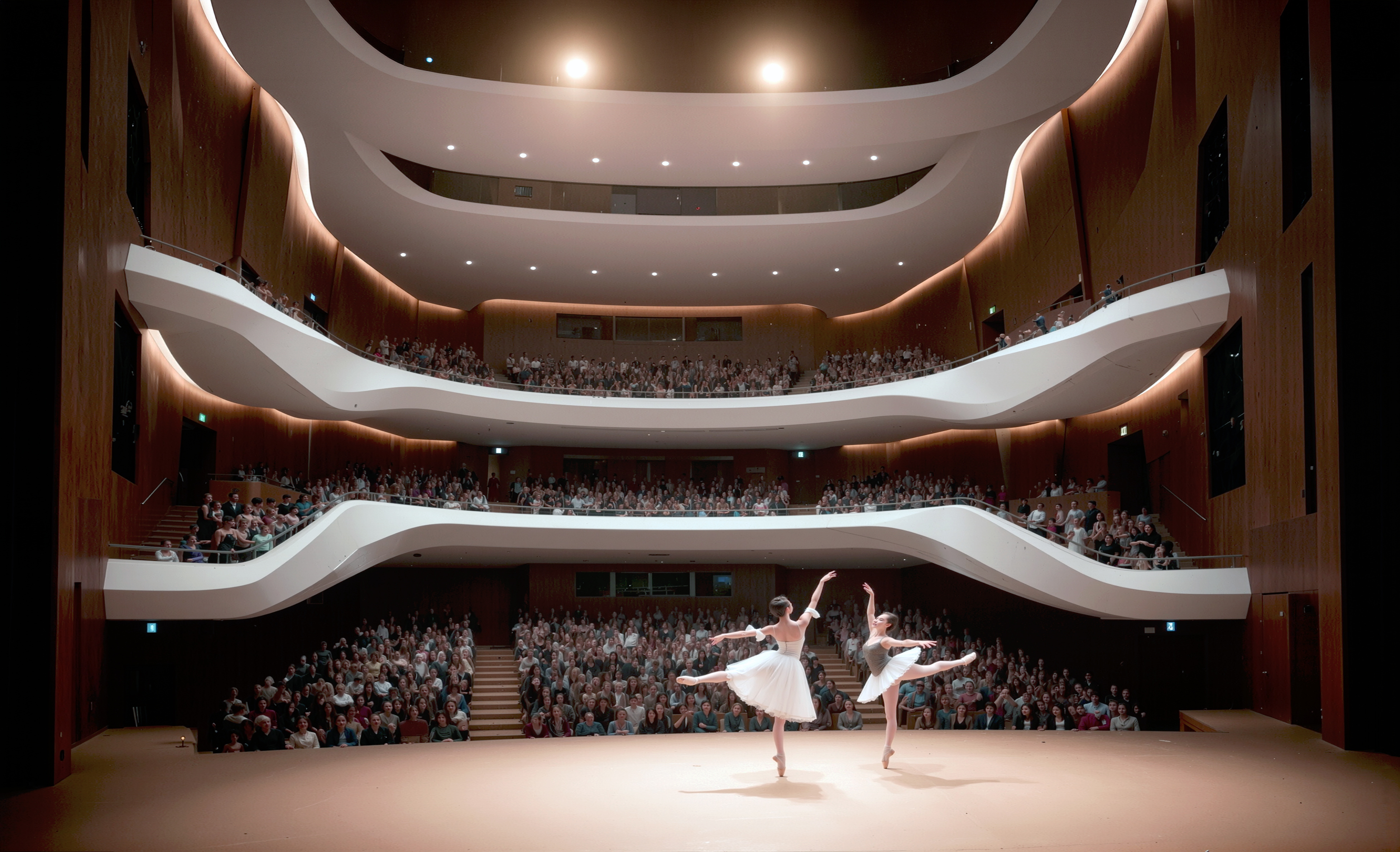 Interior of the main auditorium during a ballet performance, with two dancers on stage framed by flowing white balcony tiers with warm wood paneling and a full audience