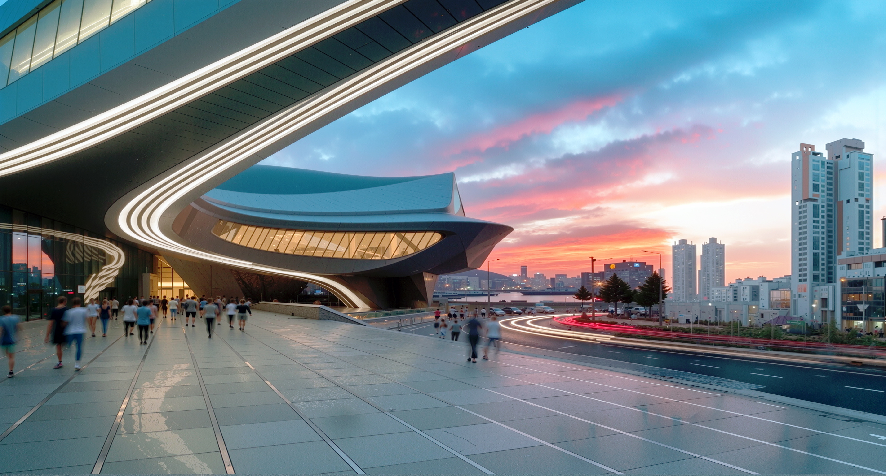 Dusk view of the Busan Opera House from beneath its sweeping cantilevered canopy, with LED-lit curvilinear forms framing a vivid sunset sky and the Busan city skyline beyond