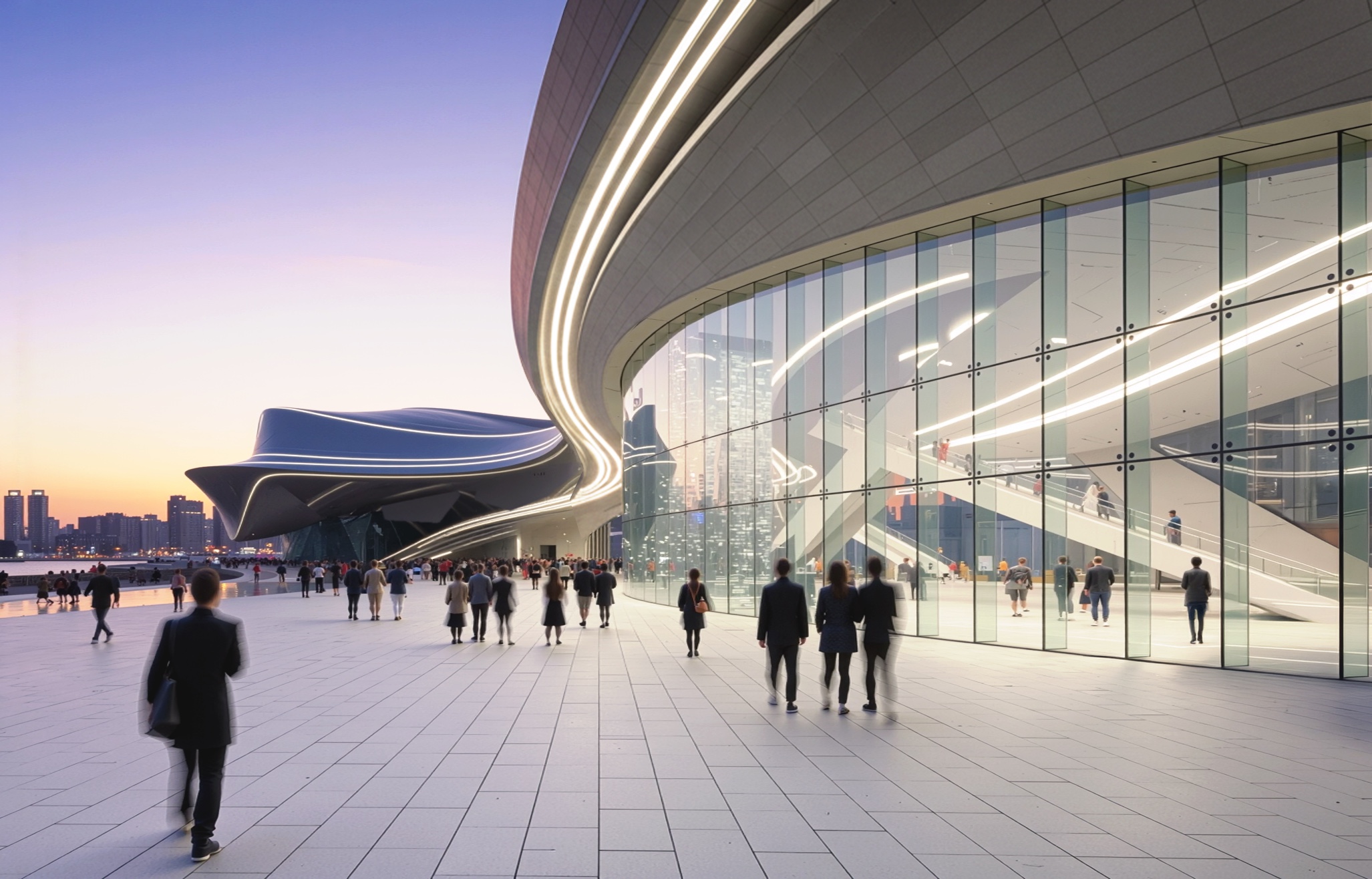 Exterior view at dusk showing the sweeping curved facade and massive glass curtain wall of the opera house, with illuminated interior light trails visible and pedestrians on the plaza
