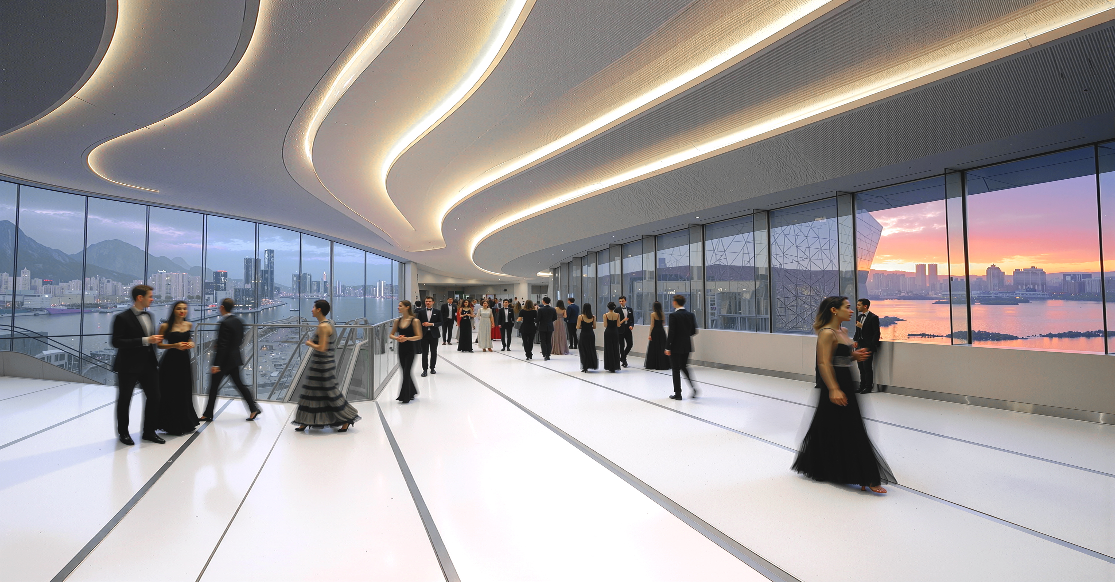 Grand foyer promenade with an undulating illuminated ceiling, floor-to-ceiling glass walls revealing sunset views over the harbor, and patrons in formal evening attire