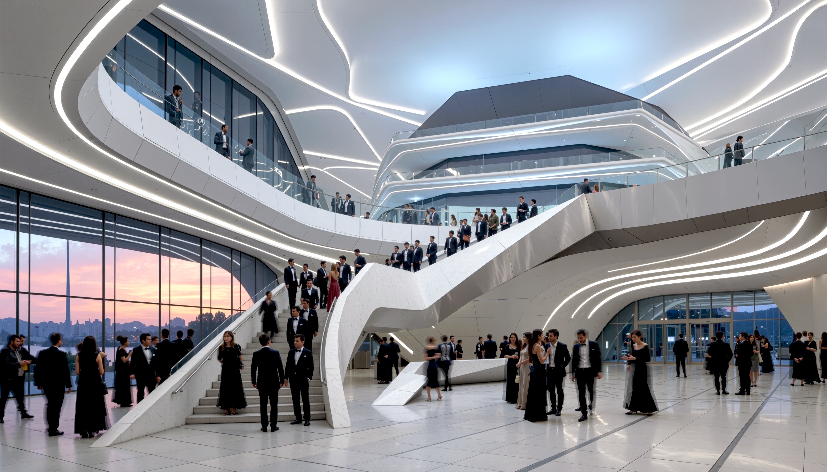 Multi-level atrium featuring a sculptural grand staircase with flowing white forms and LED-lit curvilinear ceiling, with patrons ascending through the dramatically lit interior