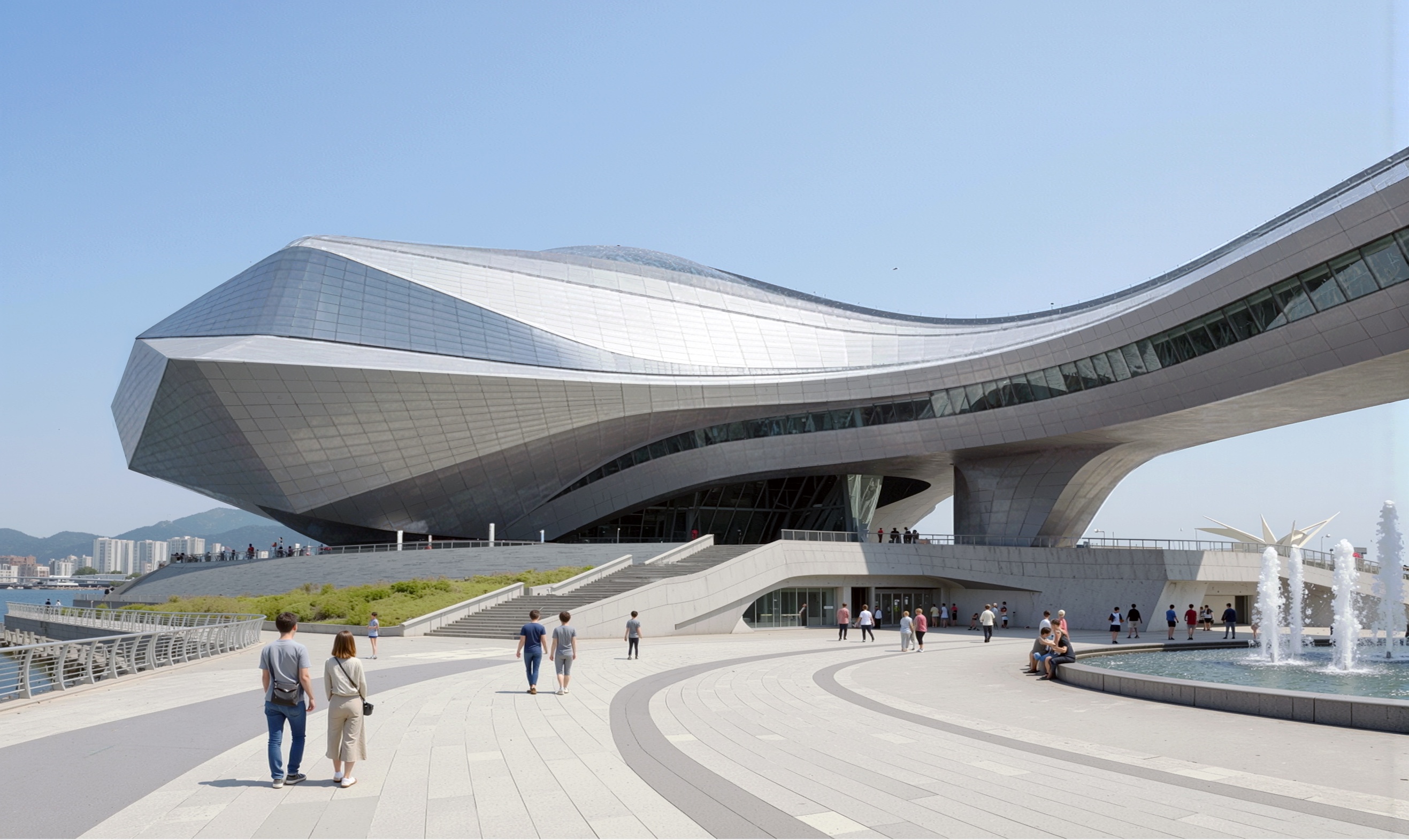 Daytime exterior view of the Busan Opera House from the public plaza, showing the faceted metallic roof canopy with angular geometric forms, stepped terraces, and water fountains