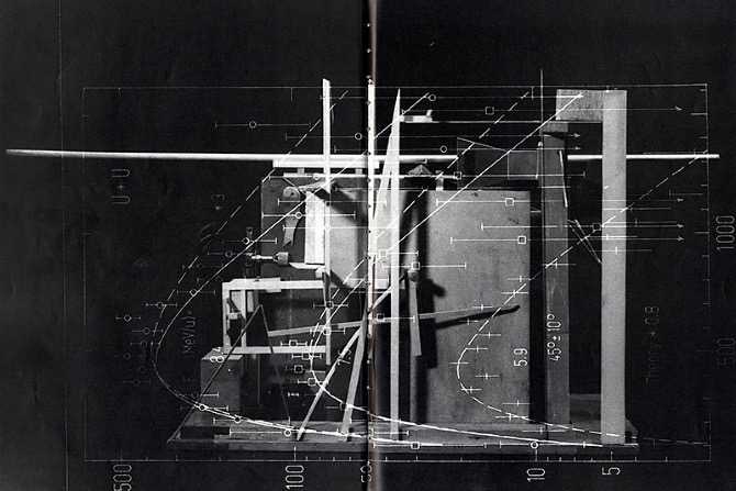 Optigraph drawing — layered photographic composition with architectural elements, technical notations, and intersecting linear forms on a dark field
