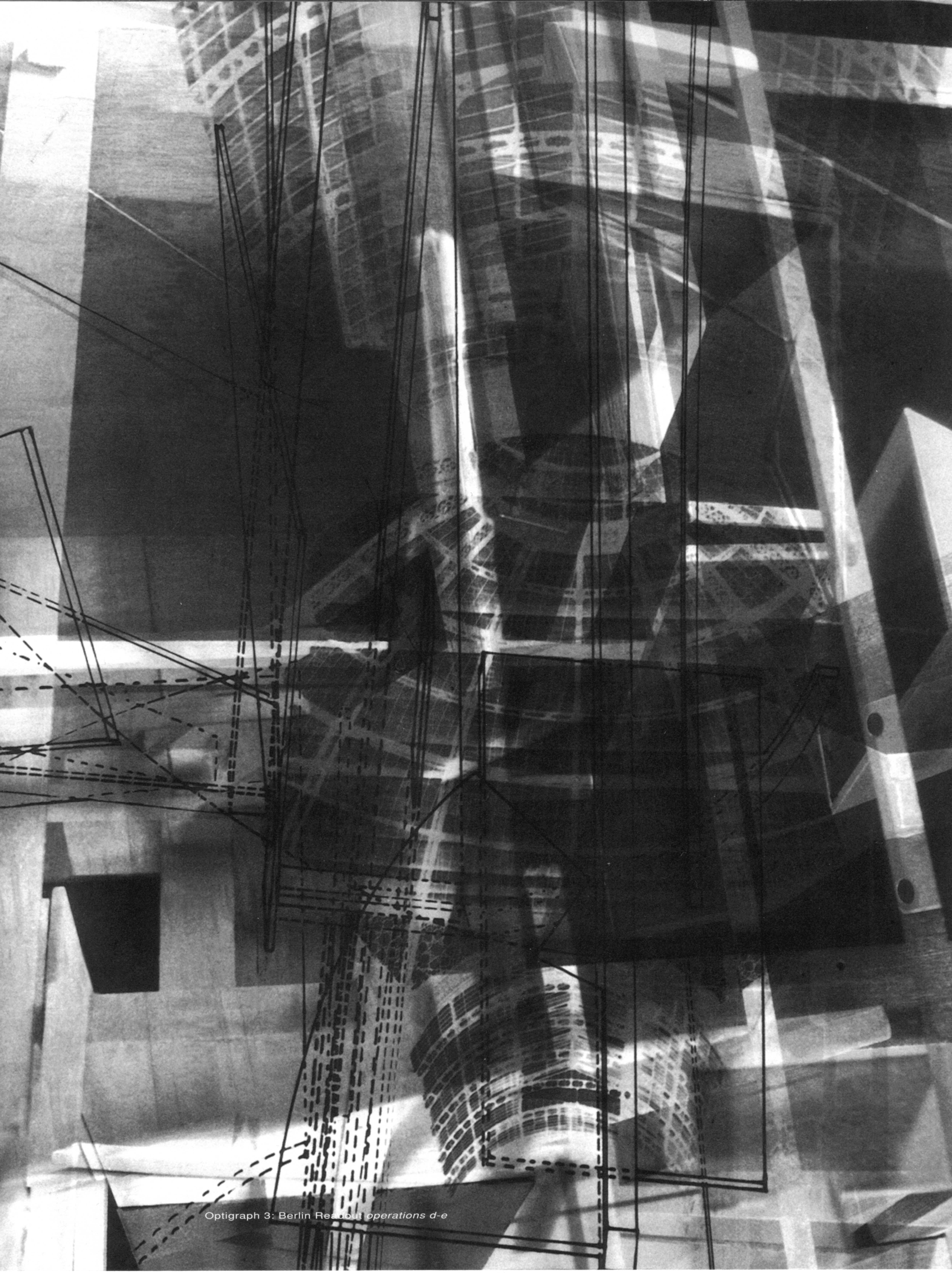 Optigraph drawing — dense vertical layering of architectural fragments, structural lines, and diffracted light