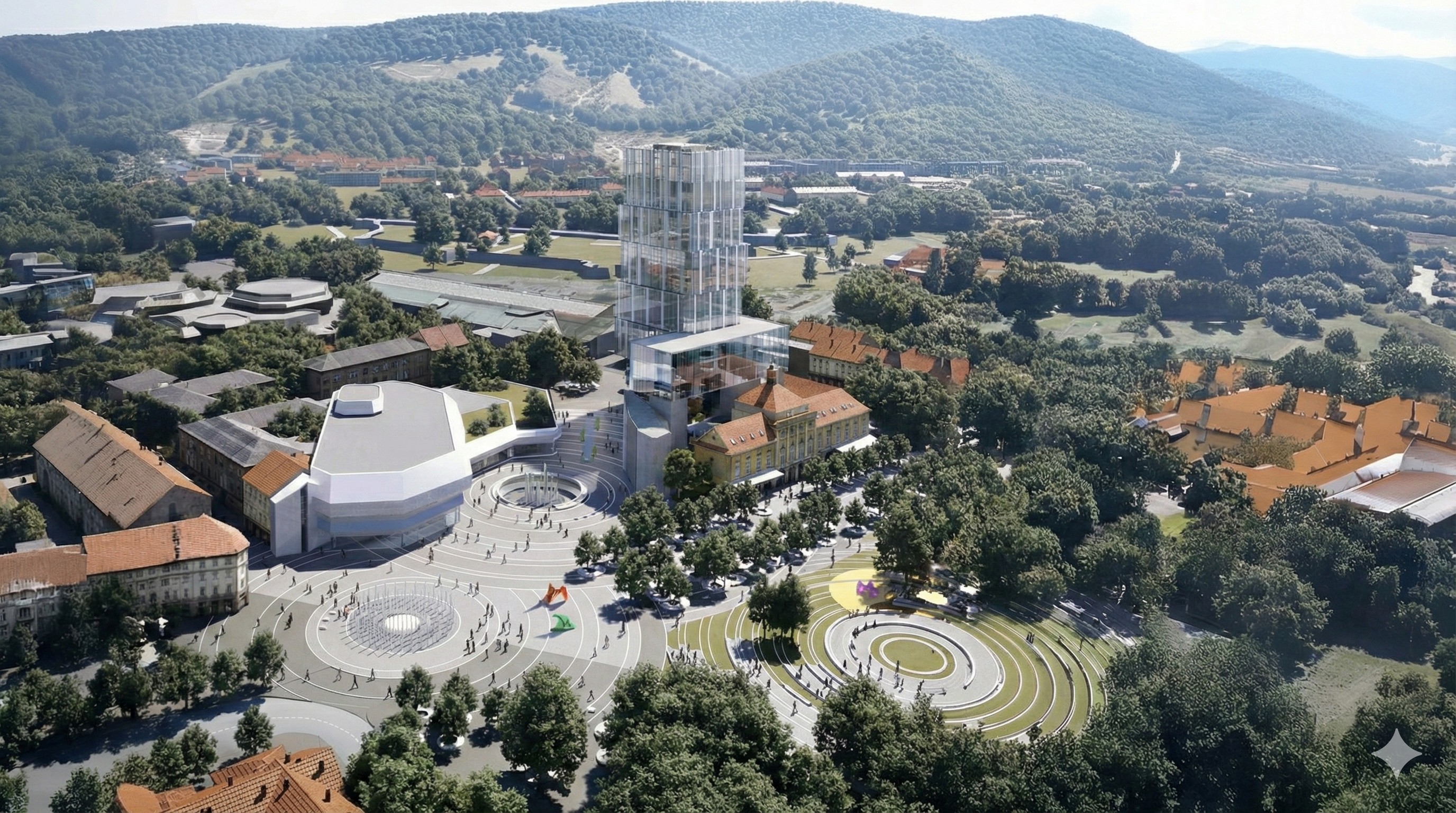 Aerial view of the Palas Hotel and Retail Complex showing the glass hotel tower, curvilinear cultural pavilion, public plaza with landscaped amphitheater, and the Banja Luka hillside beyond
