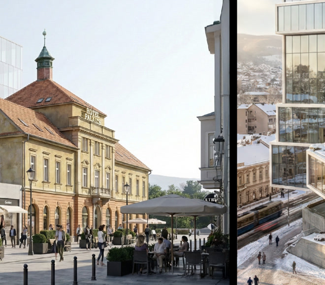 Aerial winter view of the stacked hotel volumes integrated into the historic urban fabric