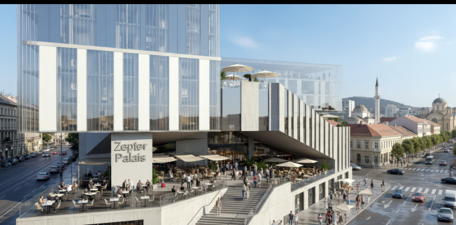 Panoramic view of the Zepter Palais complex with glass tower and urban terrace in Banja Luka