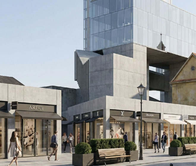 Street-level view of the retail plaza with the existing Palace Hotel and tower beyond