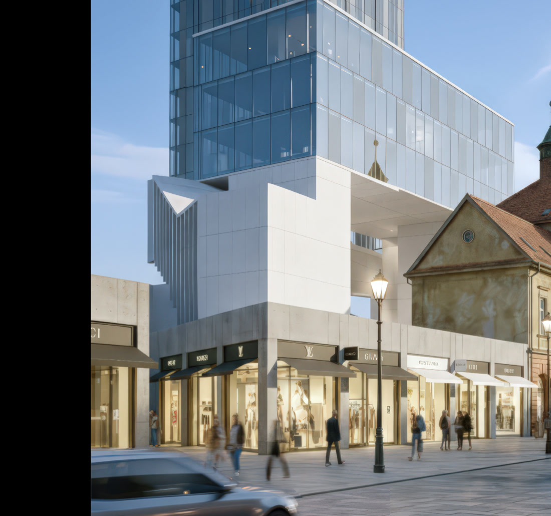 Tower base with luxury retail frontage alongside the restored historic Palace Hotel