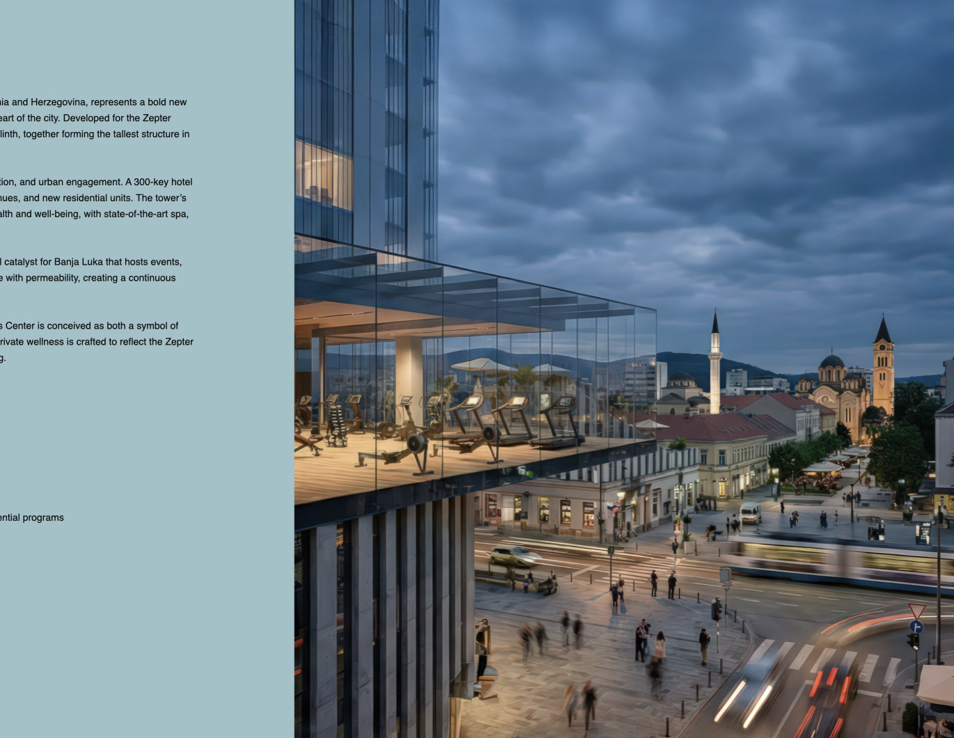 Palas Center hotel tower rising above the Banja Luka cityscape at dusk