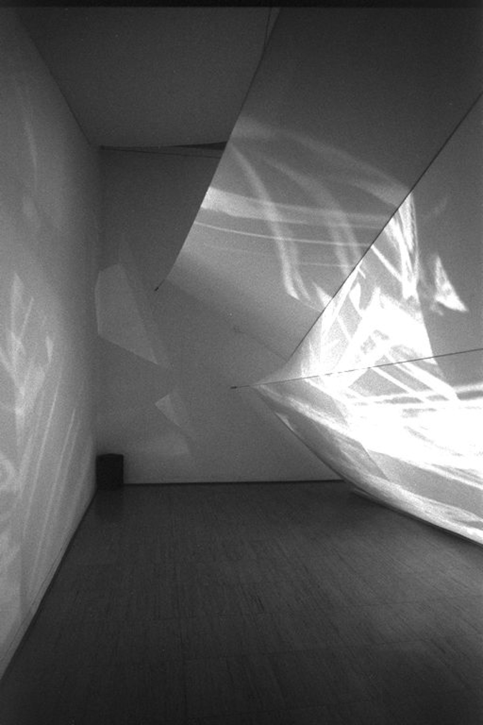 Interior view of the paper installation — visitors experiencing the projected environment within the folded paper structure