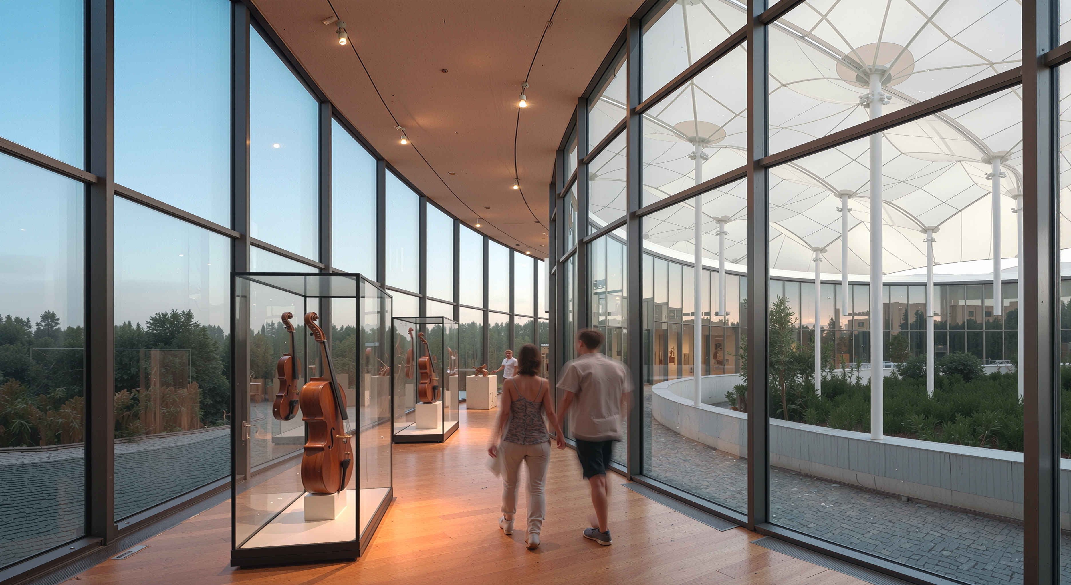 Interior view of the gallery space with musical instrument displays in glass cases along a curved glazed corridor overlooking the park canopy structures