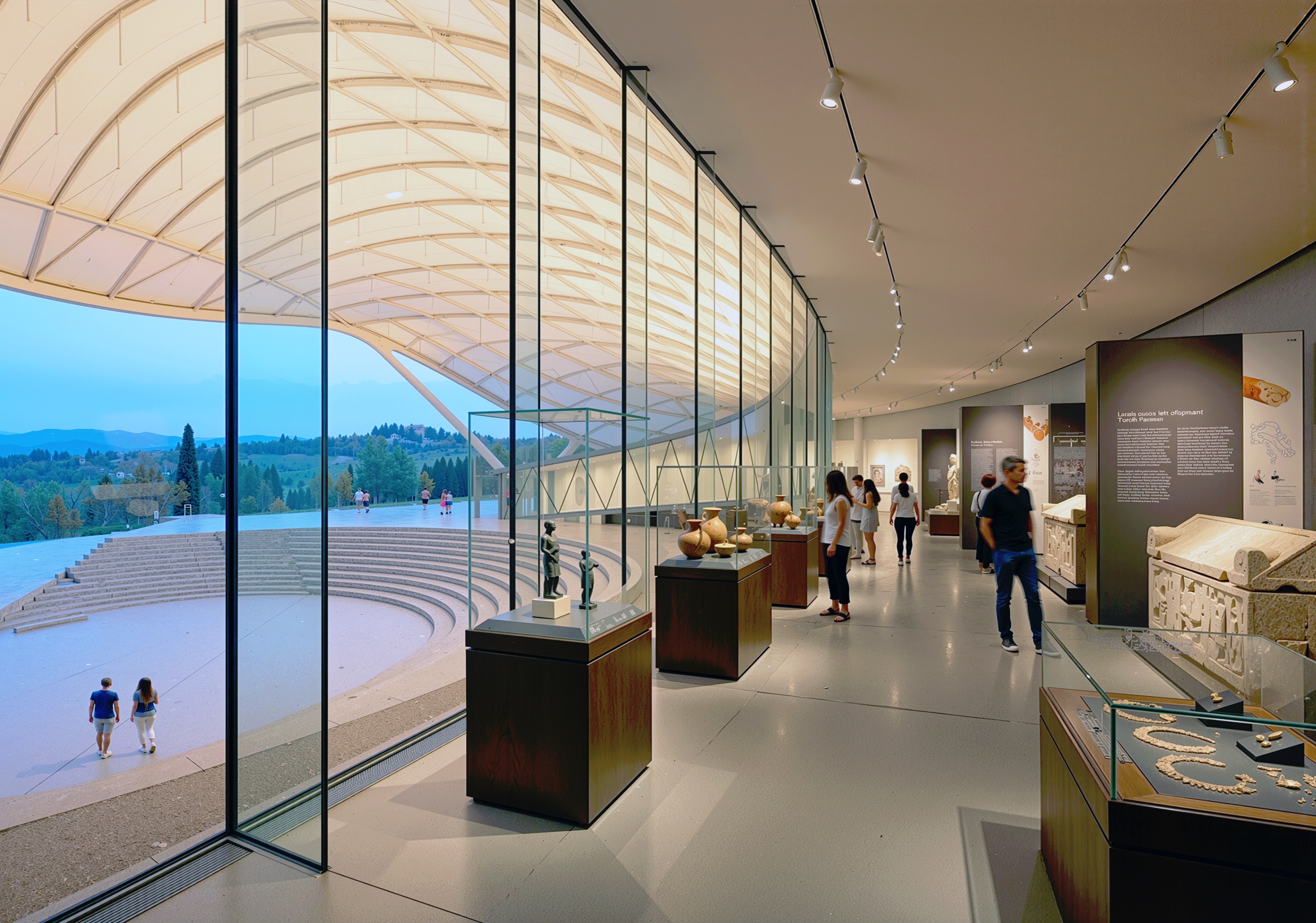 Interior of the museum gallery with artifact displays along one wall and floor-to-ceiling windows overlooking the outdoor amphitheater and Tuscan landscape