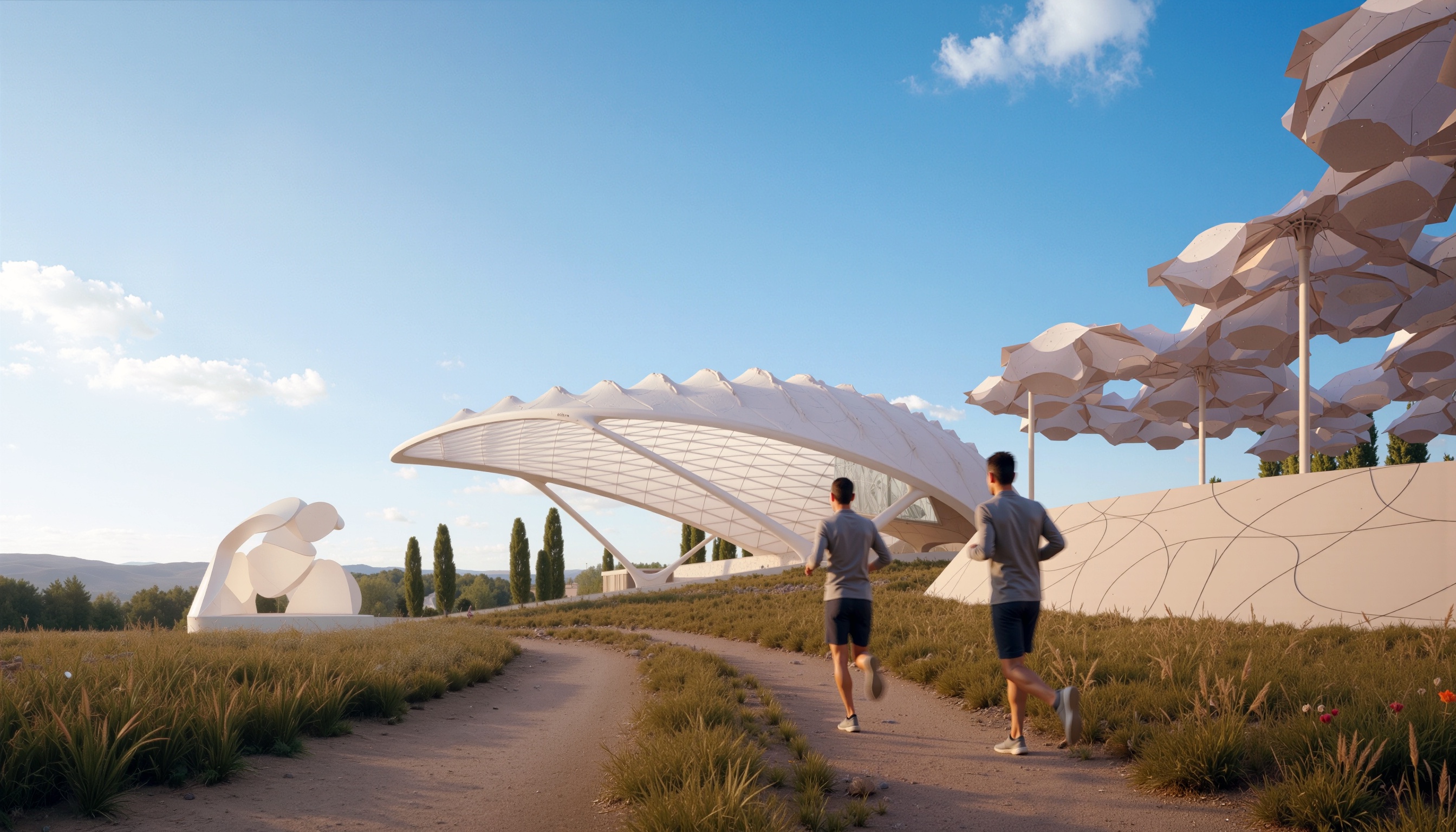 Two visitors jogging along a park pathway beneath white organic canopy shade structures with the main pavilion visible in the background