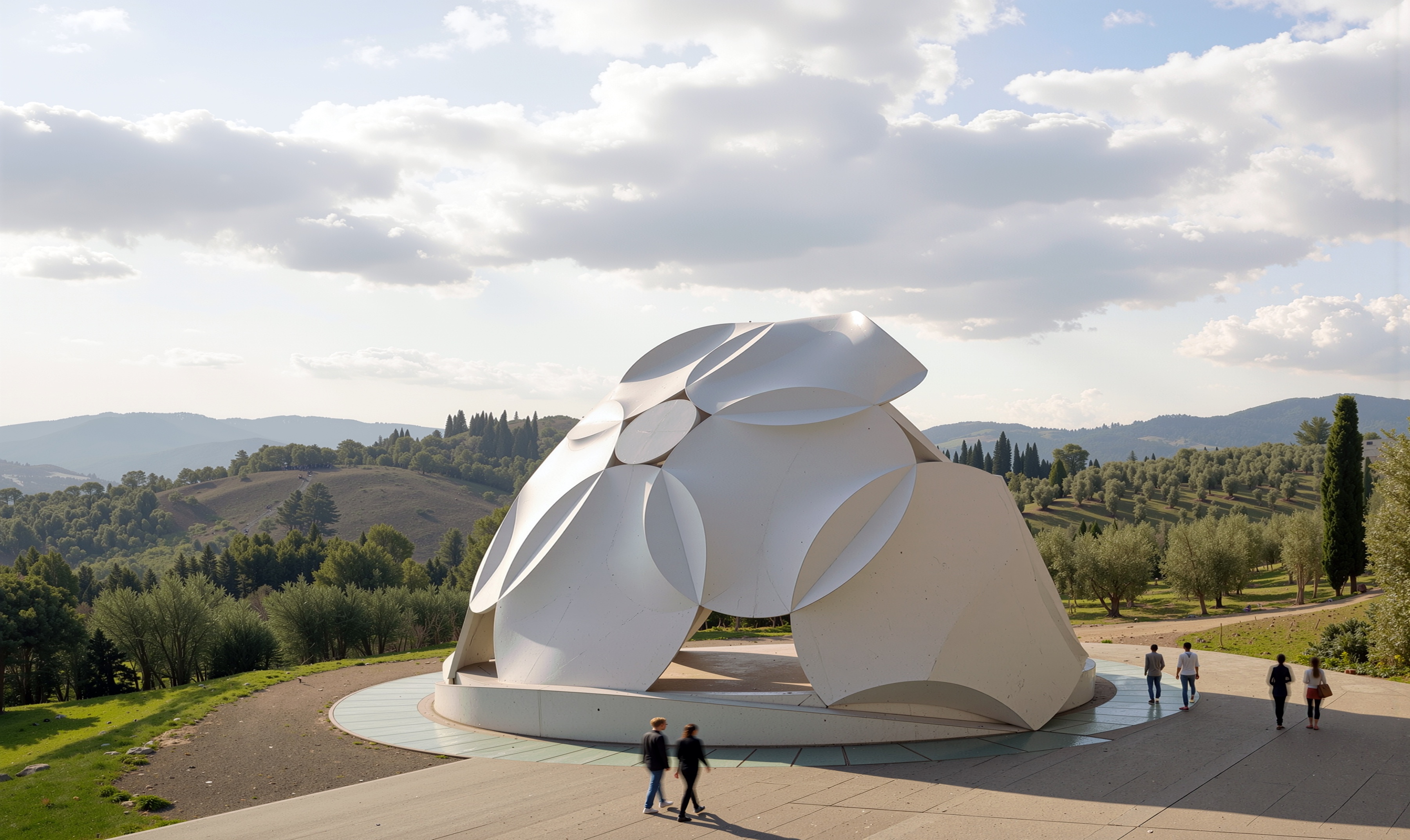 White sculptural pavilion with petal-like curved panels set against the green Tuscan hillside with visitors approaching along a winding path