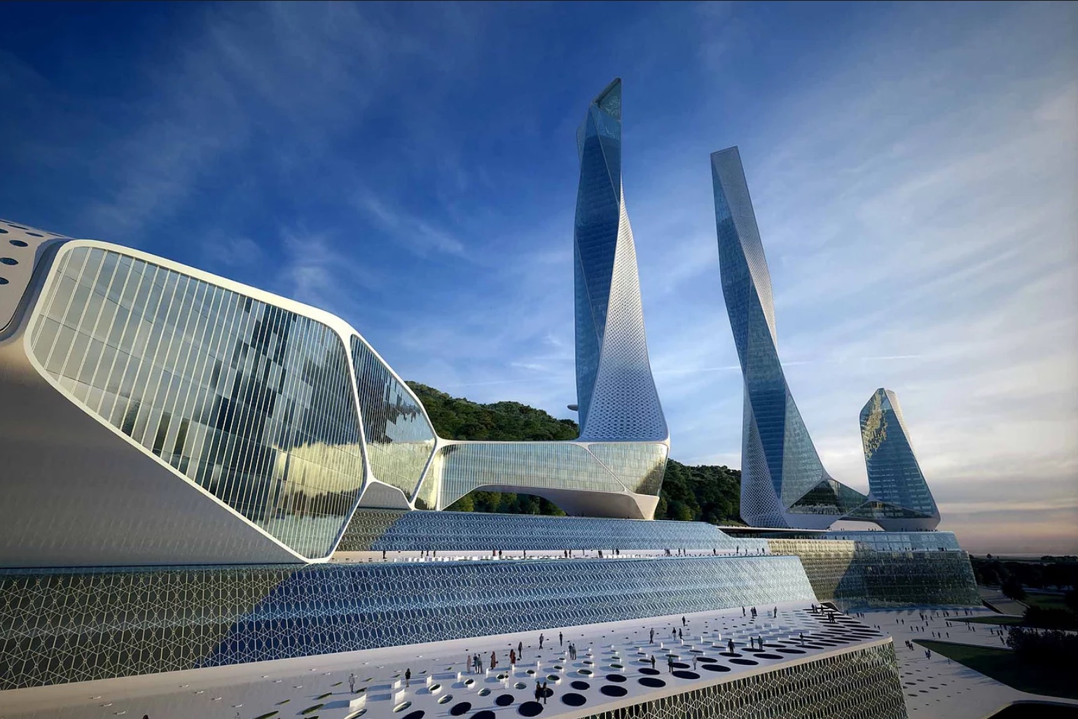 Aerial rendering of the Penang Global City Center masterplan with high-rise towers, convention center, and landscaped public spaces