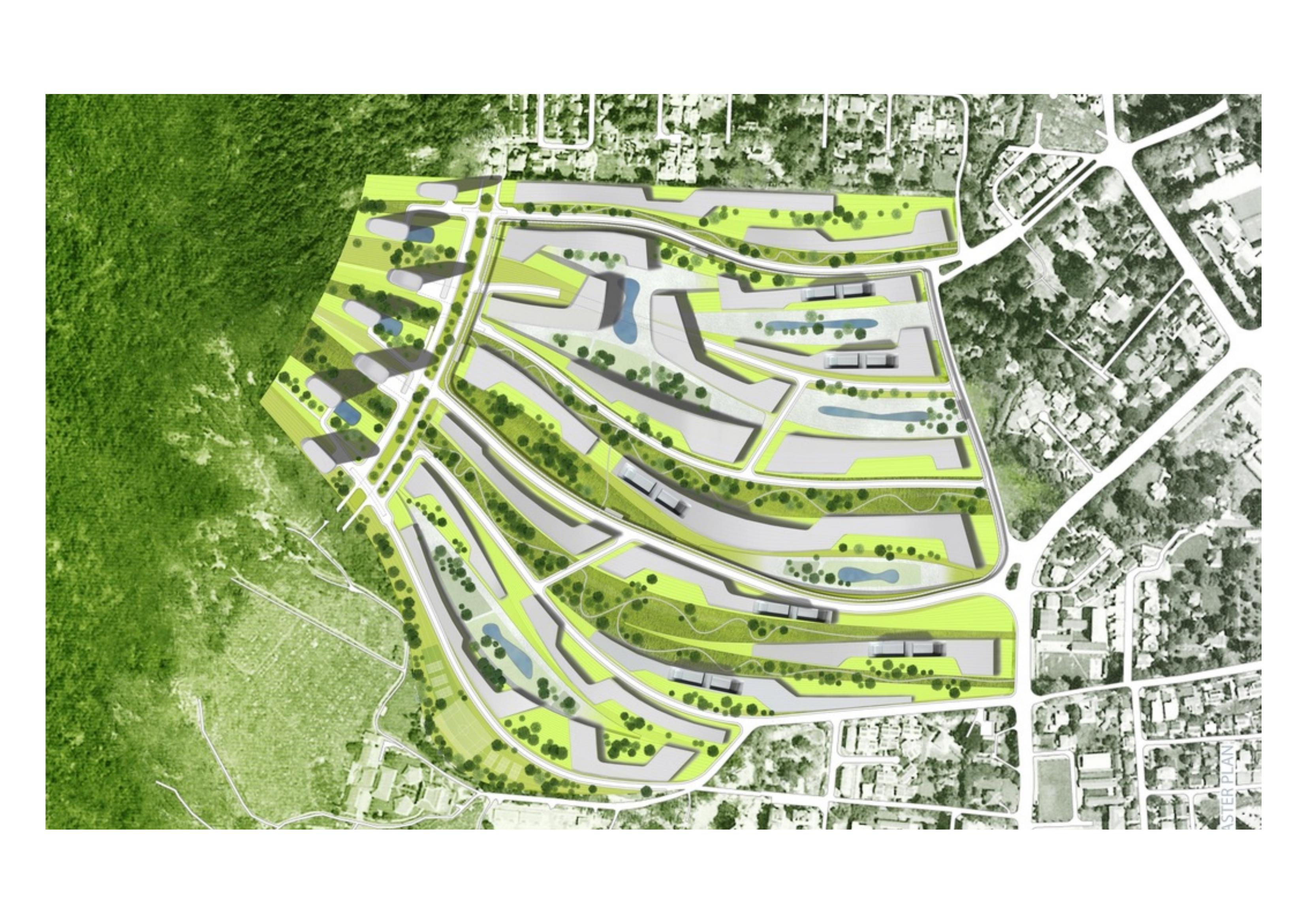 Overhead masterplan rendering showing the full 200-hectare site with green landscape strips, building masses, water features, and surrounding neighborhoods and Penang Hill to the west
