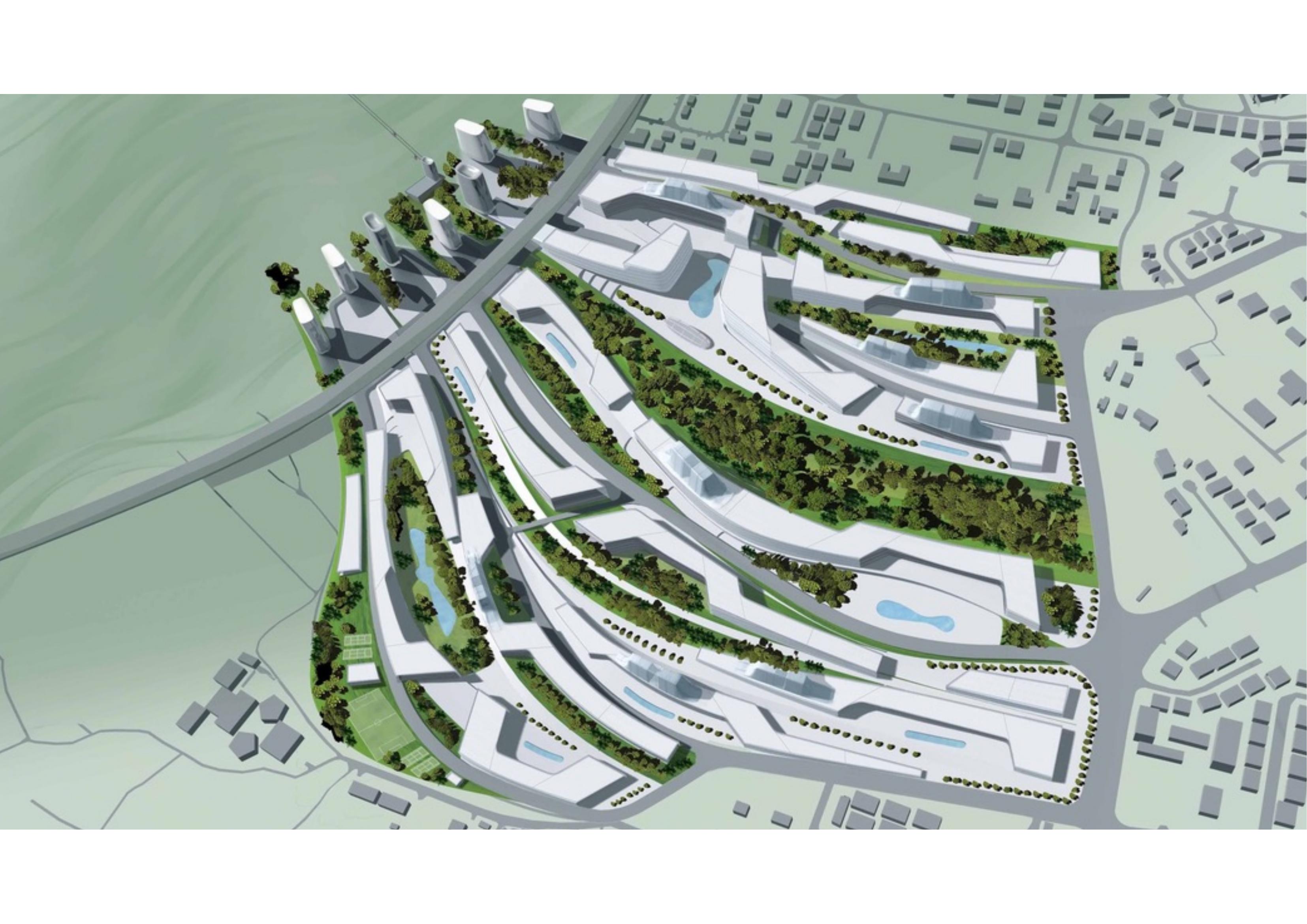 Bird's-eye view of the masterplan within its urban context showing building massing, green corridors, and high-rise towers at the civic center, with mountains and existing neighborhoods surrounding the site