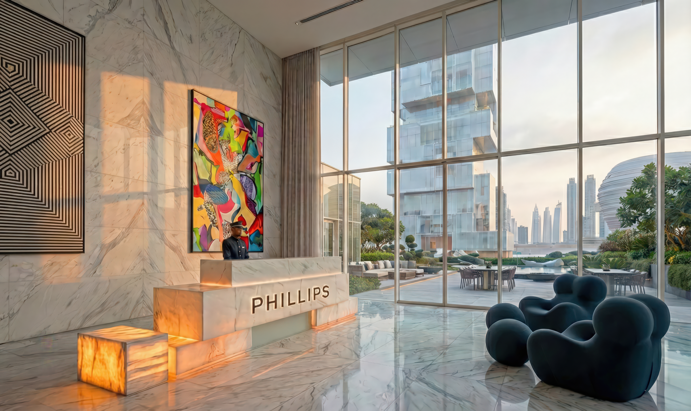 Double-height marble reception lobby with PHILLIPS branding on an illuminated onyx desk, contemporary art installations on marble walls, sculptural dark furniture, and floor-to-ceiling glazing framing the towers and Dubai skyline