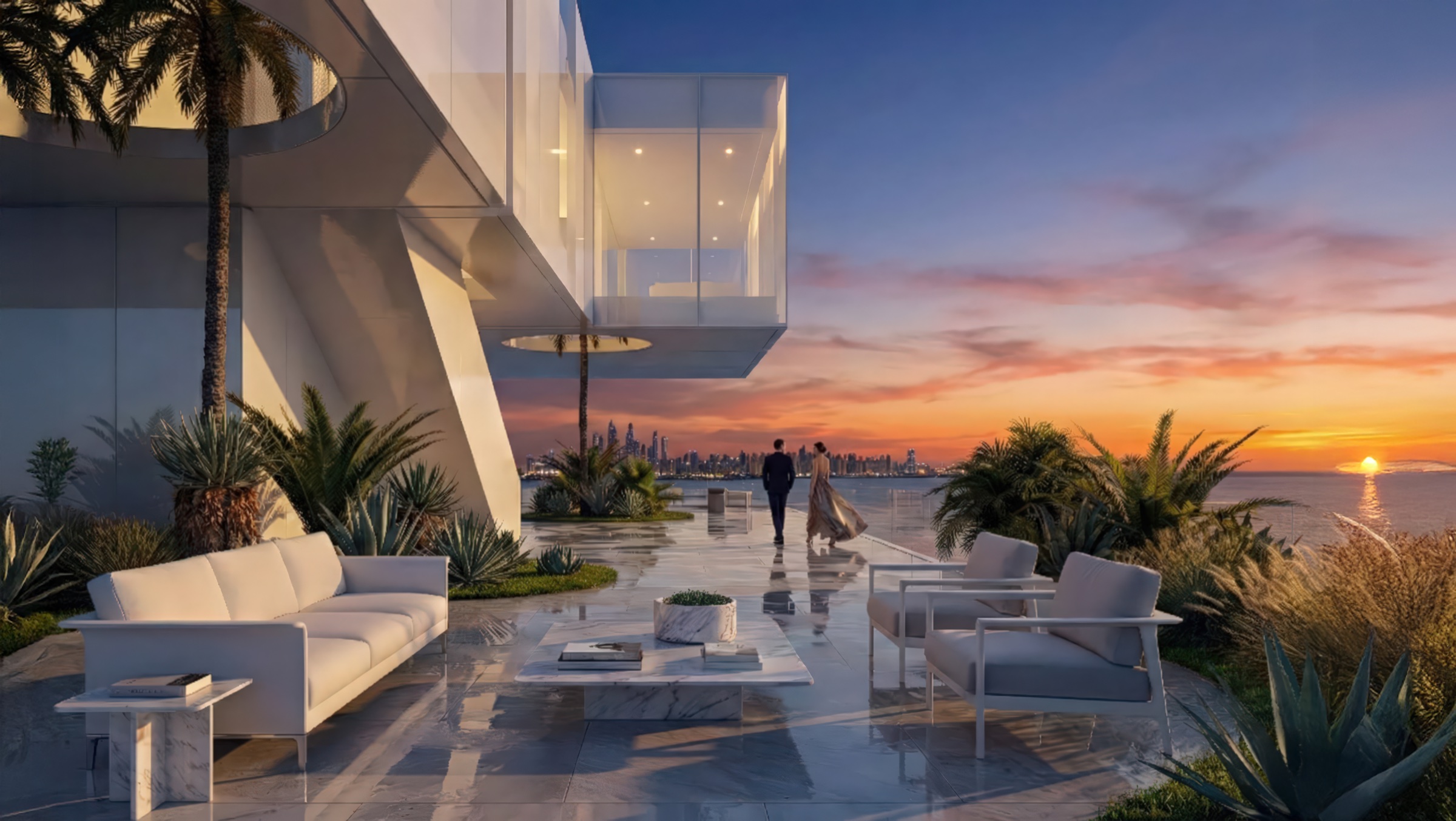 Landscaped sunset terrace at the tower base with outdoor seating, tropical plantings, infinity pool edge, and the cantilevered residential volumes framing a golden sunset over the Gulf