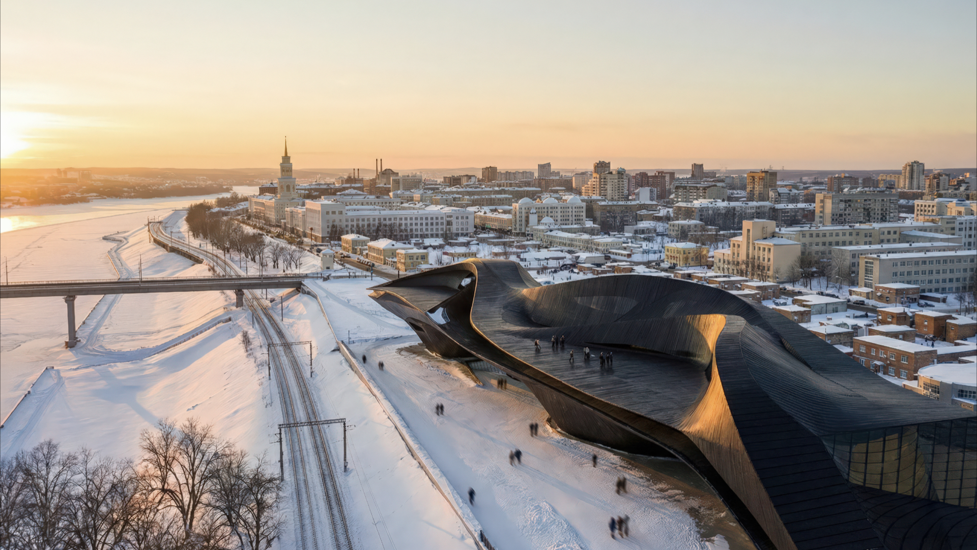 Perm Museum — aerial perspective of the museum's dual-skin form along the Kama River