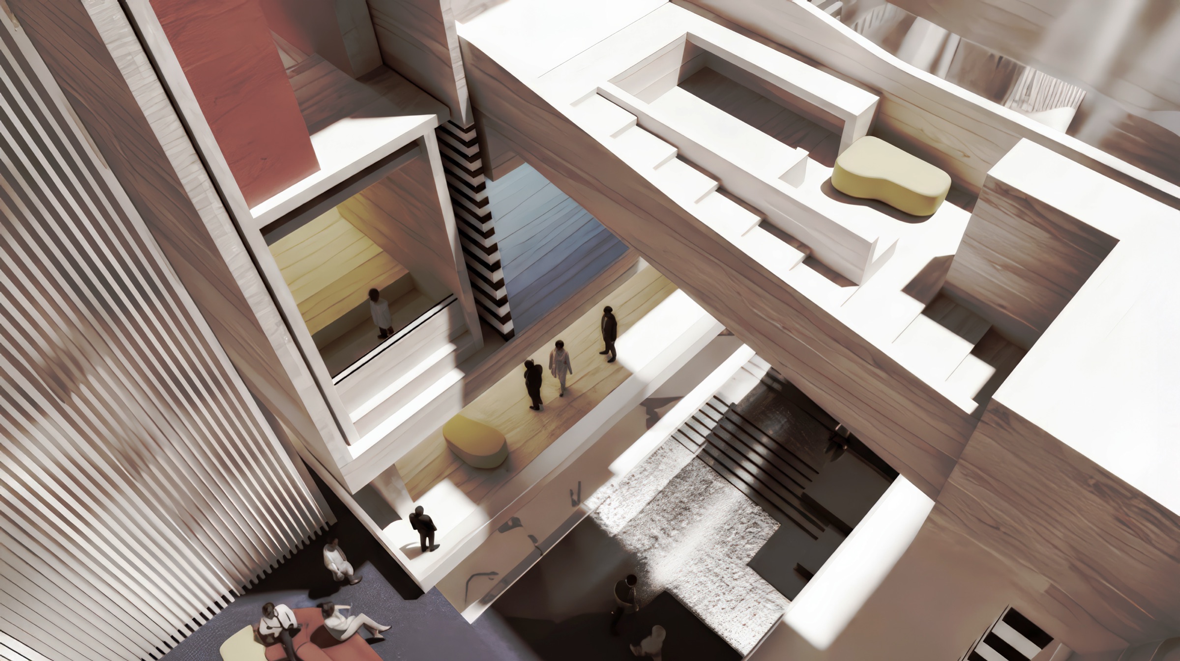 Interior cutaway view of the library's multi-level atrium showing the reading room above, the ground-floor lounge and circulation below, a sculptural suspended staircase, slatted timber screens, and visitors at various levels