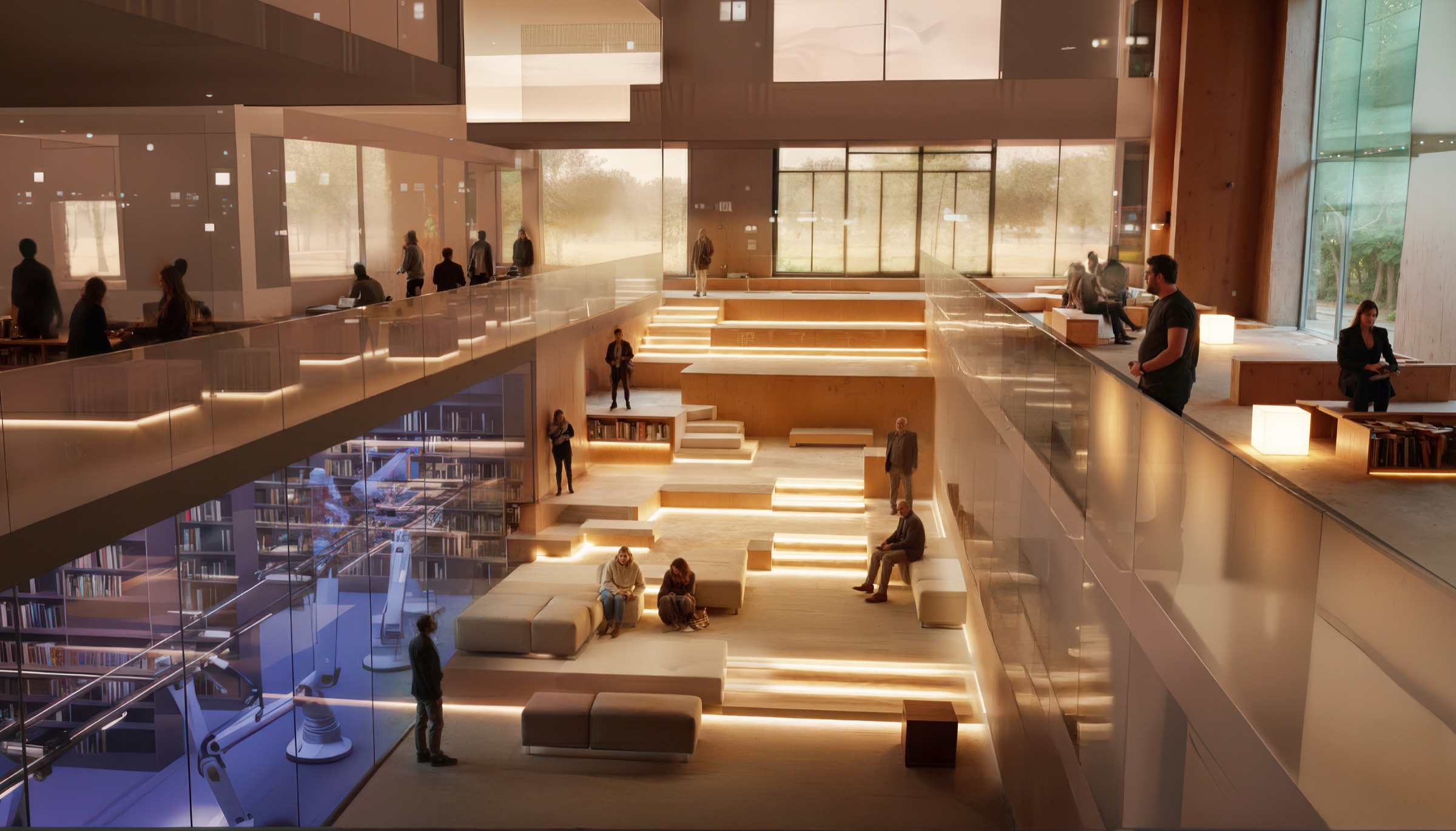 View of the central atrium agora at level minus one, showing stepped timber seating, visitors gathered on the risers, and the glazed face of the automated book repository visible beyond the stair, with upper levels of the atrium above