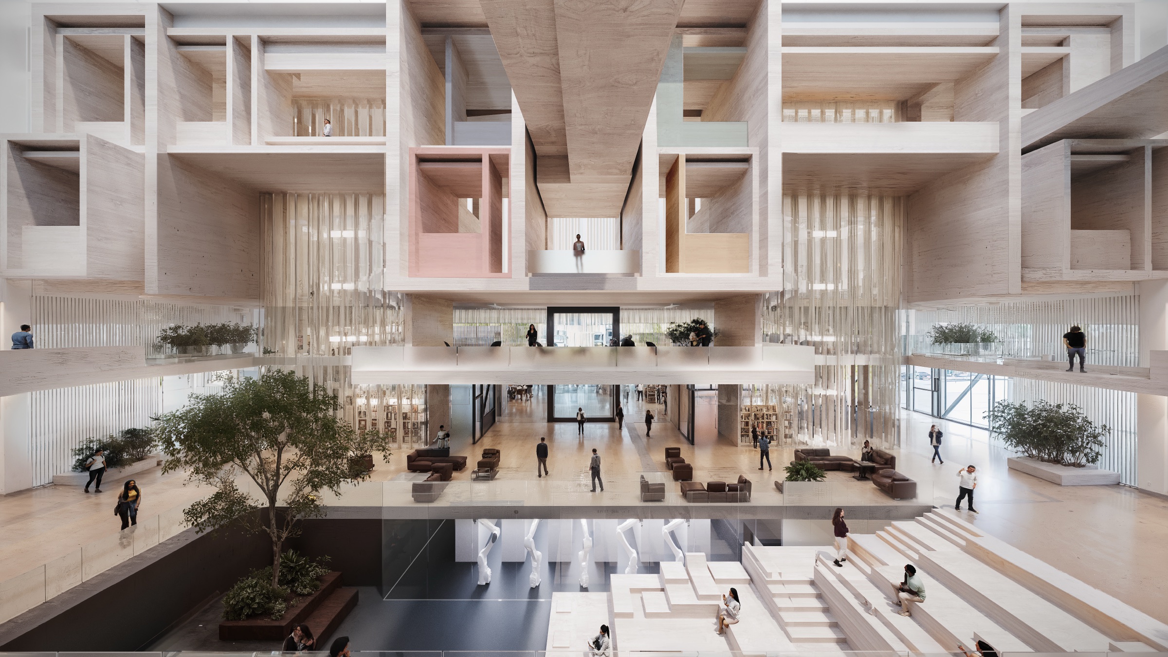 Bird's-eye view down into the central atrium showing planted trees on the ground floor, timber-lined upper mezzanines with coloured panel accents, visitors circulating below, and the full multi-level section of the building visible