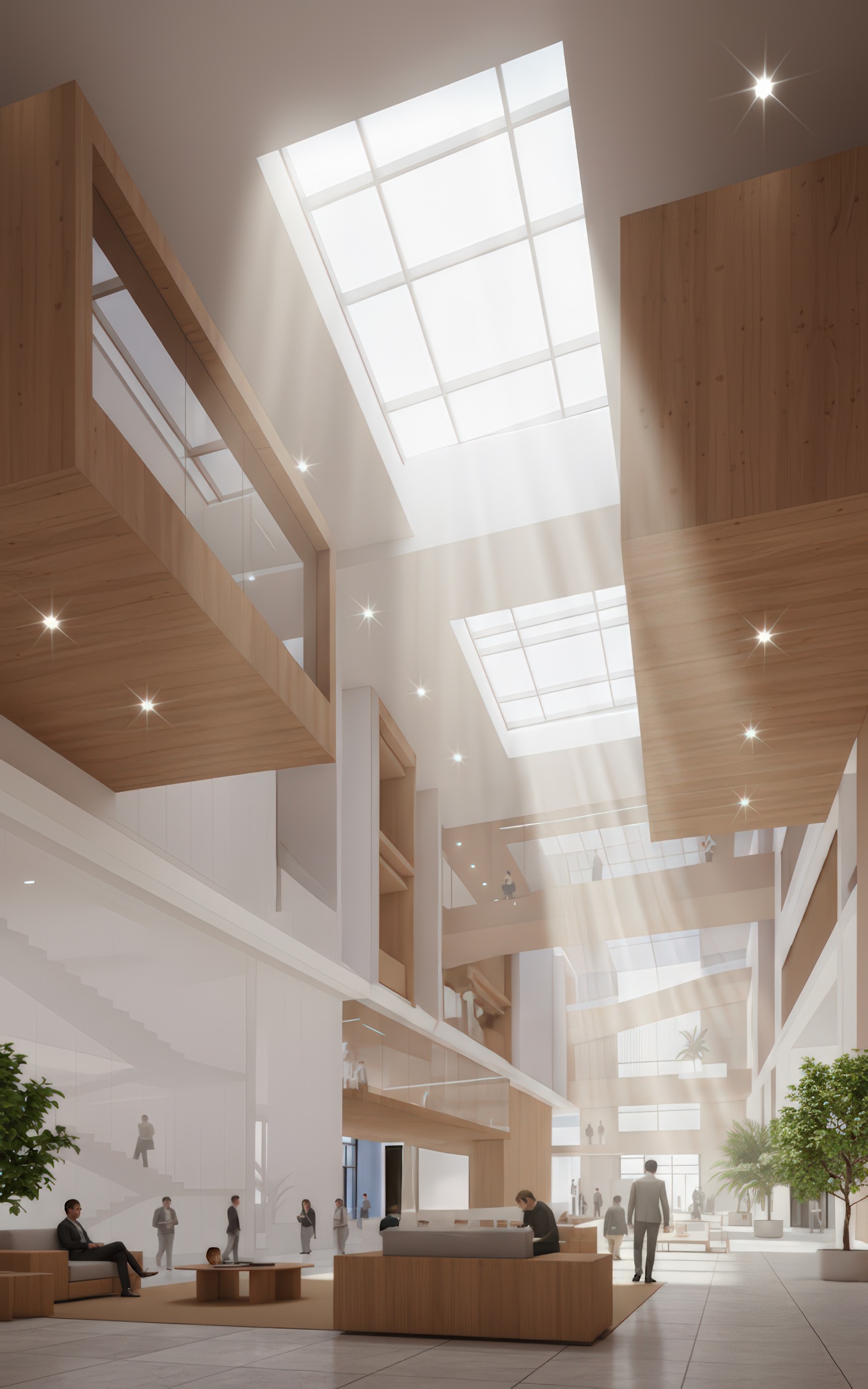 Vertical view upward through the central atrium showing timber-clad bridges spanning between volumes, large square skylights casting shafts of daylight deep into the space, visitors and planted trees on the ground floor below, and a reception desk at the base