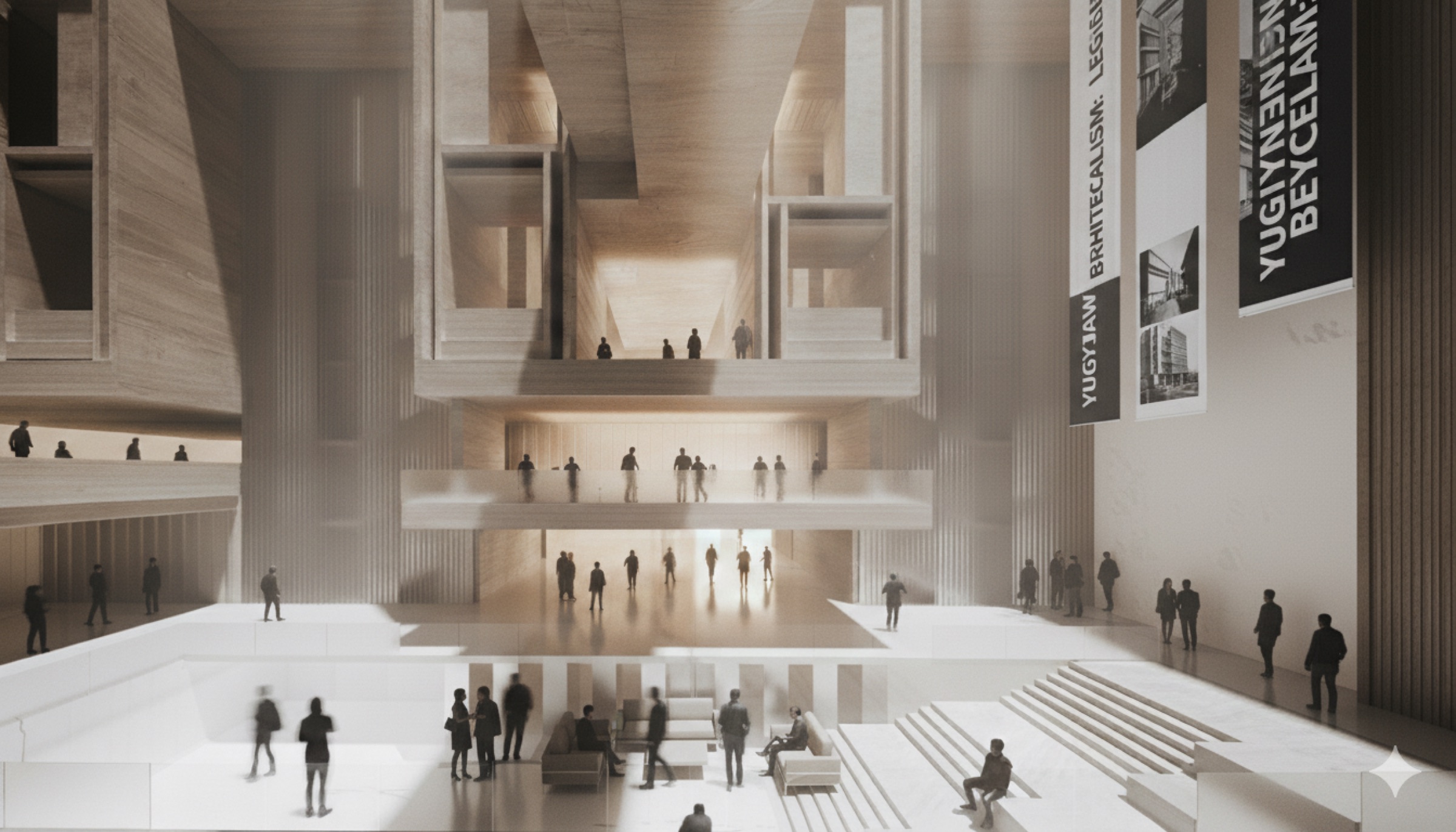 Interior of the grand atrium hall rising through multiple levels, with exhibition banners on the upper walls, stepped seating and gathering areas at ground level, concrete and timber volumes framing the vertical space, and visitors moving through the hall