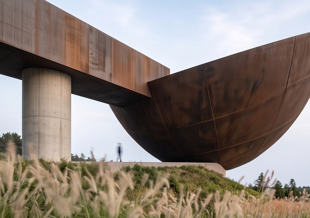 Ground view of the Cor-ten sun bowl held beneath the cantilevered gallery bridge, resting on a cylindrical concrete column, with pampas grass in the foreground and a figure for scale